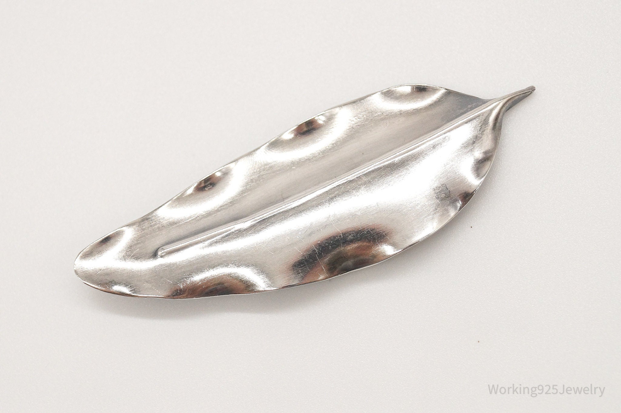 Large Antique Handmade Sterling Silver Leaf Pin Brooch