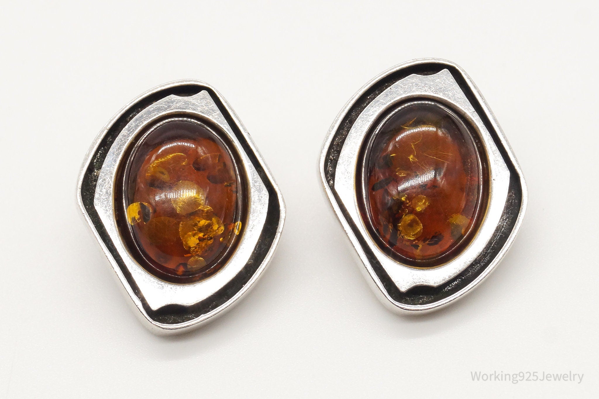 Vintage Amber Modernist Sterling Silver Earrings