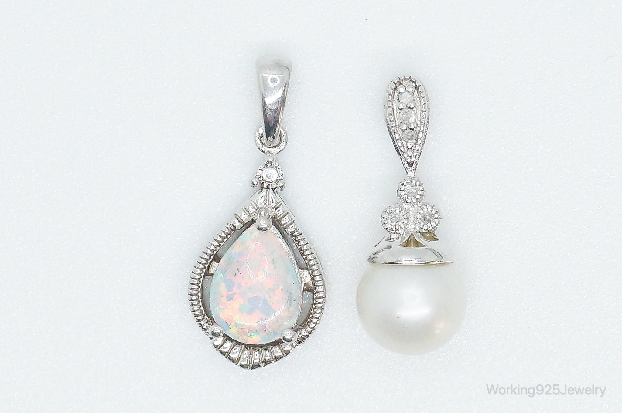 Vintage Designers Pearl Opal Diamond Sterling Silver Necklace Pendants