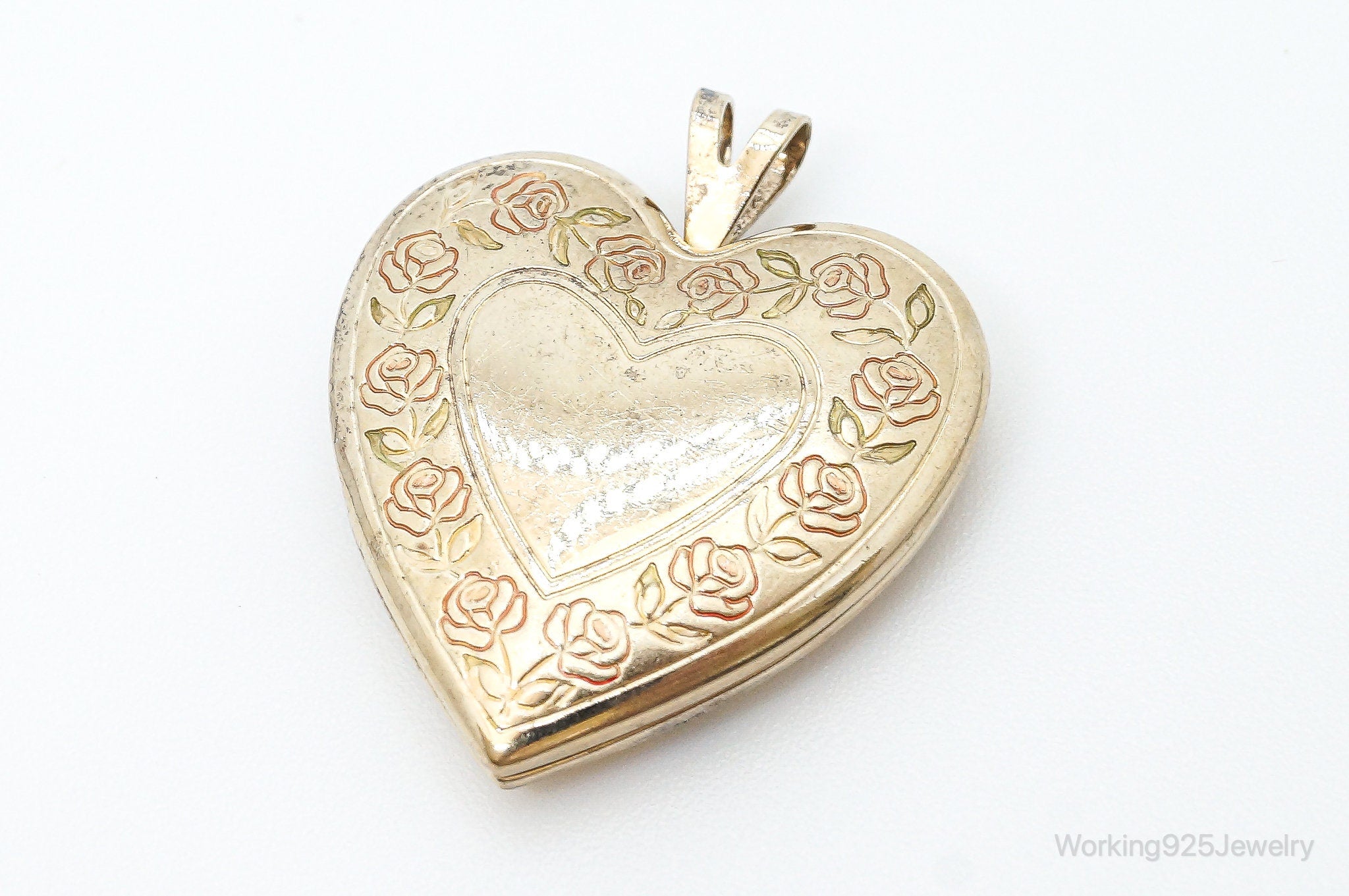 Antique GF Rose Etched Sterling Silver Heart Picture Locket Pendant