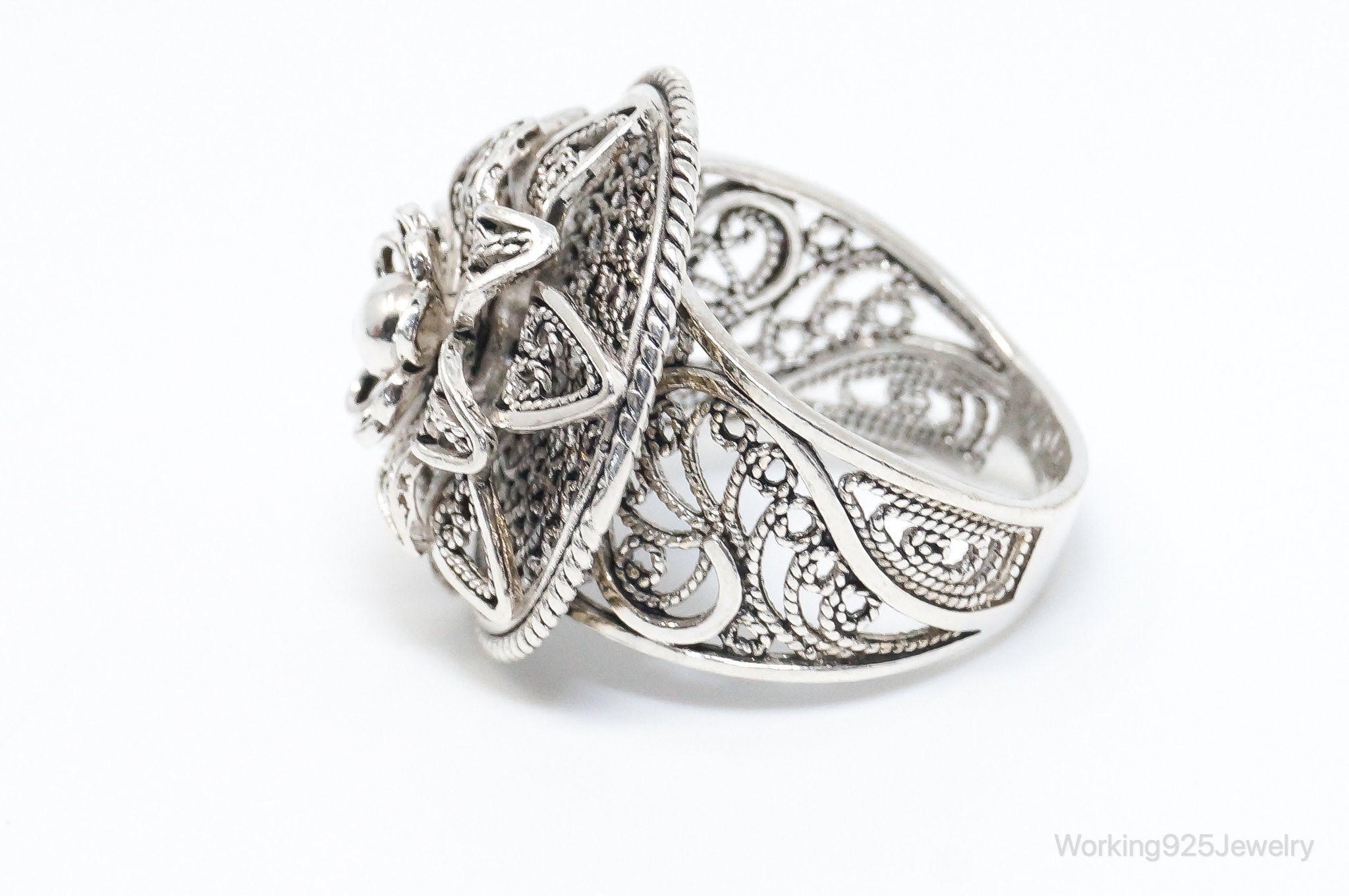 Vintage Designer DGS Flower Filigree Sterling Silver Ring - Size 9