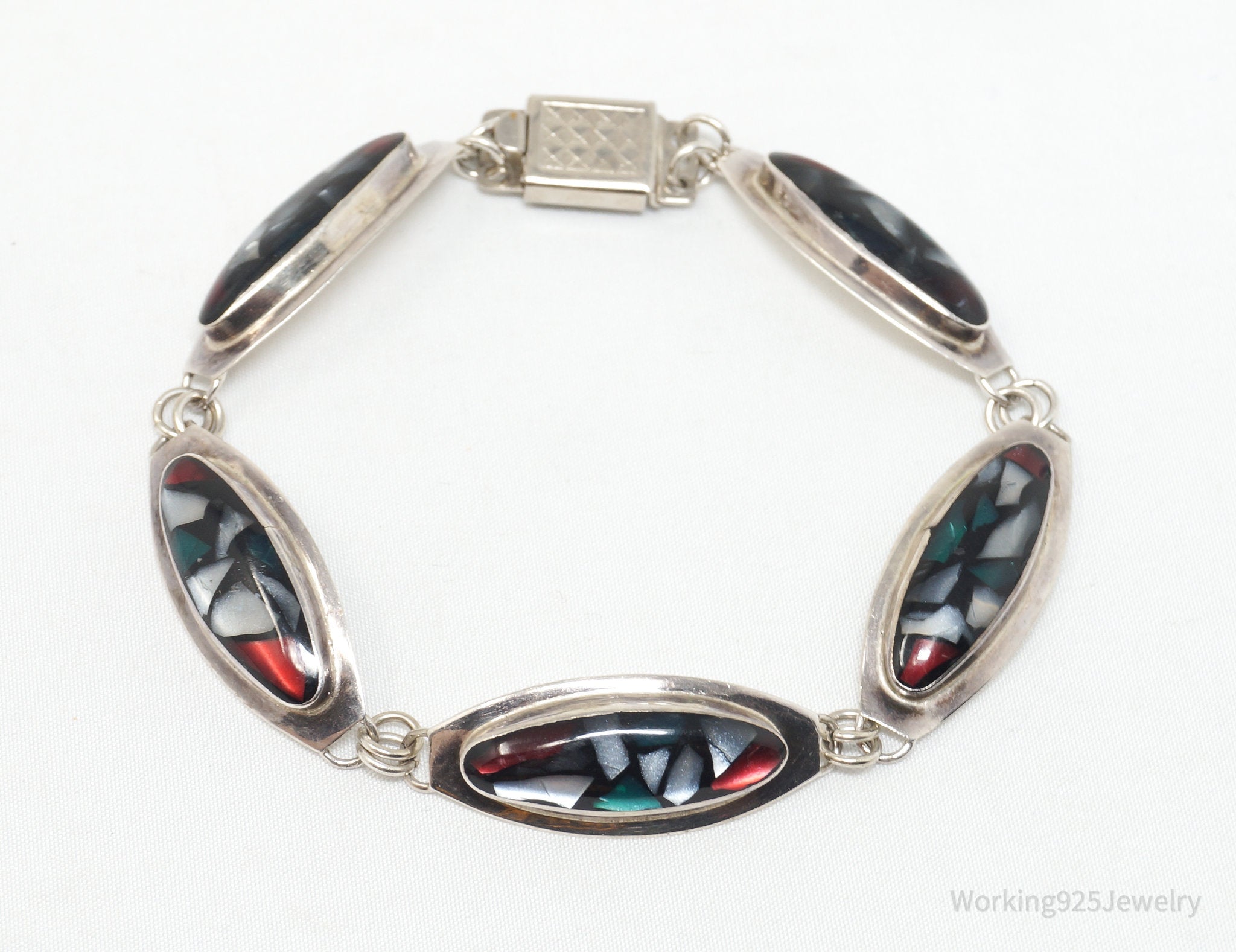 Vintage Israel Handmade Multi Gem Sterling Silver Southwestern Bracelet