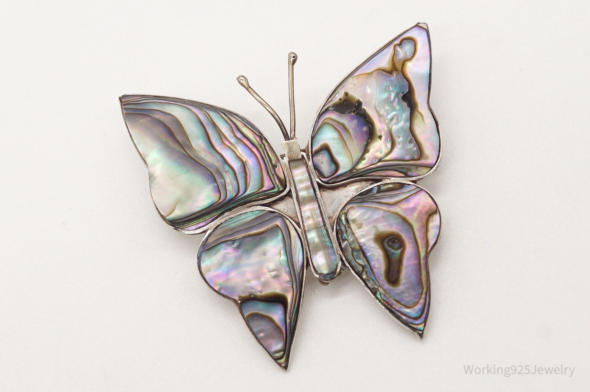 Large Vintage Paua Abalone Shell Butterfly Sterling Silver Mexico Brooch Pin