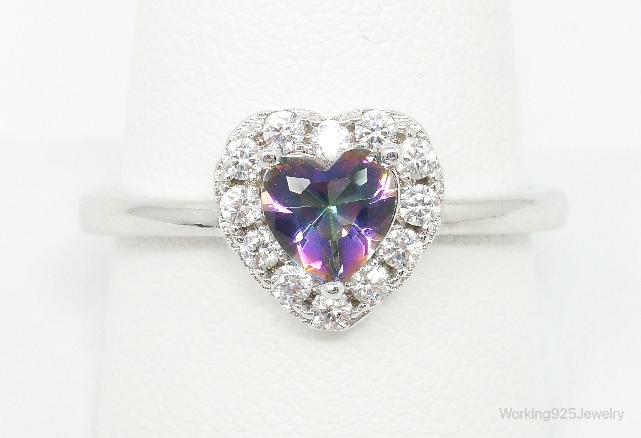 Mystic Topaz Heart Cubic Zirconia Sterling Silver Ring - Size 10.75