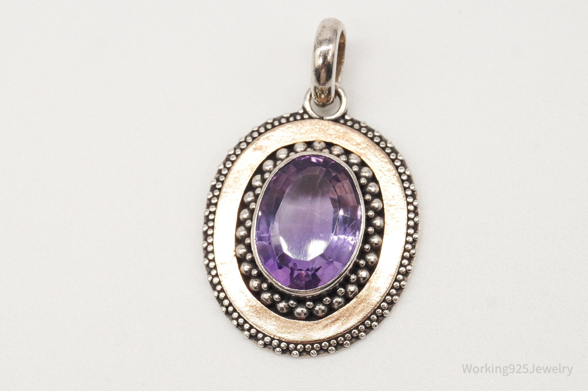 Large Vintage Amethyst Two Tone Sterling Silver Pendant