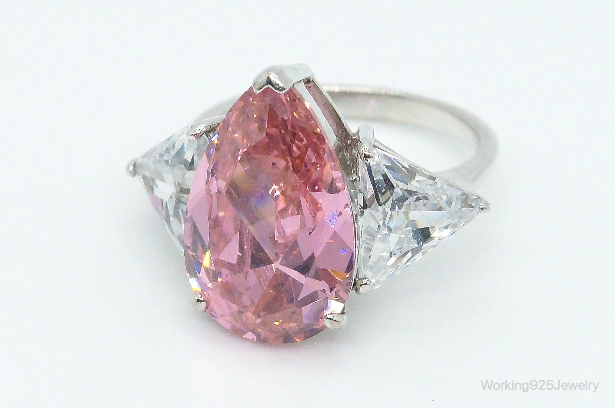 Large Pink Topaz & Cubic Zirconia Sterling Silver Ring - Size 7.25