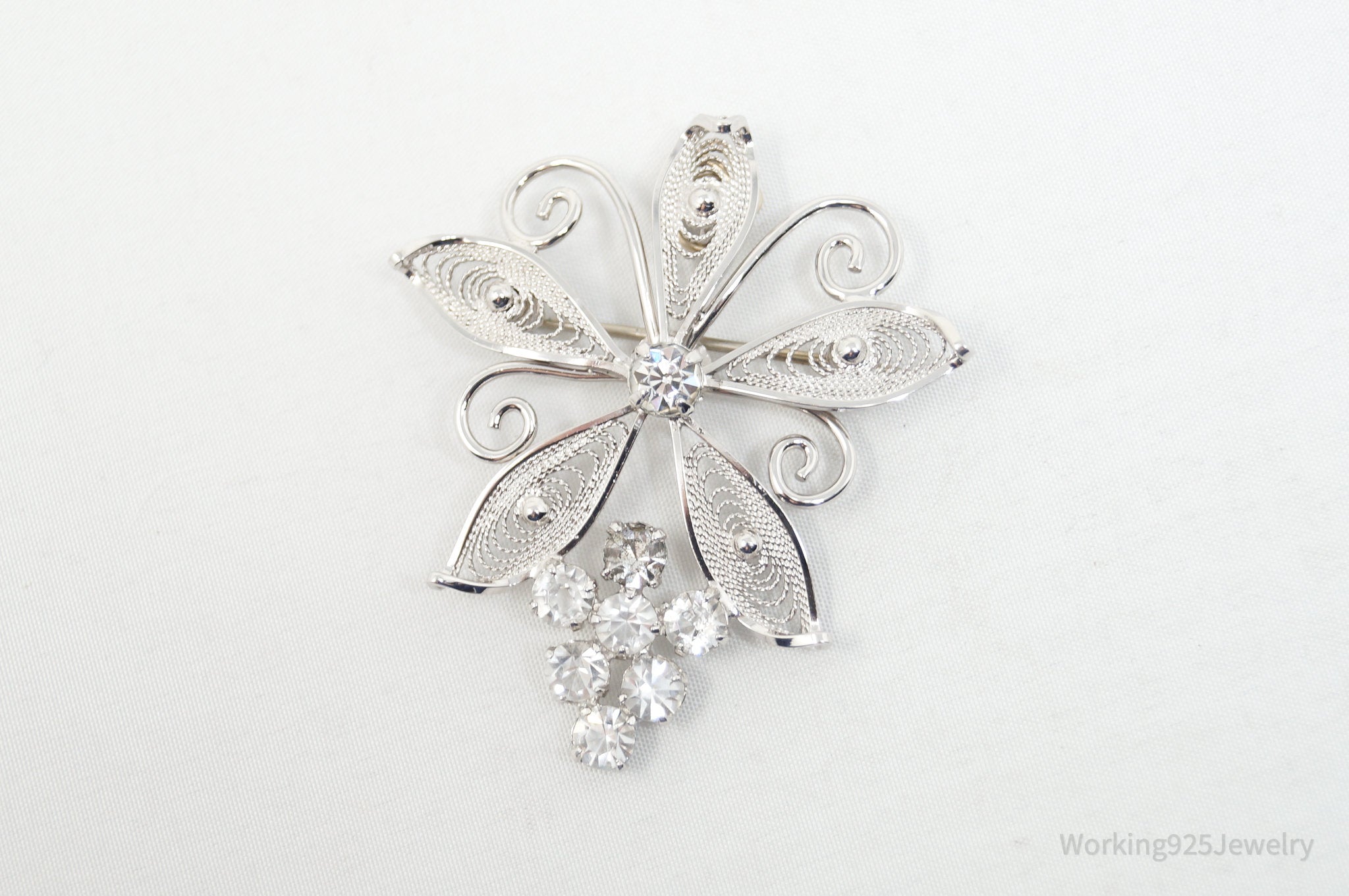 Large Vintage Designer Ann Lee Rhinestone Floral Sterling Silver Brooch Pendant