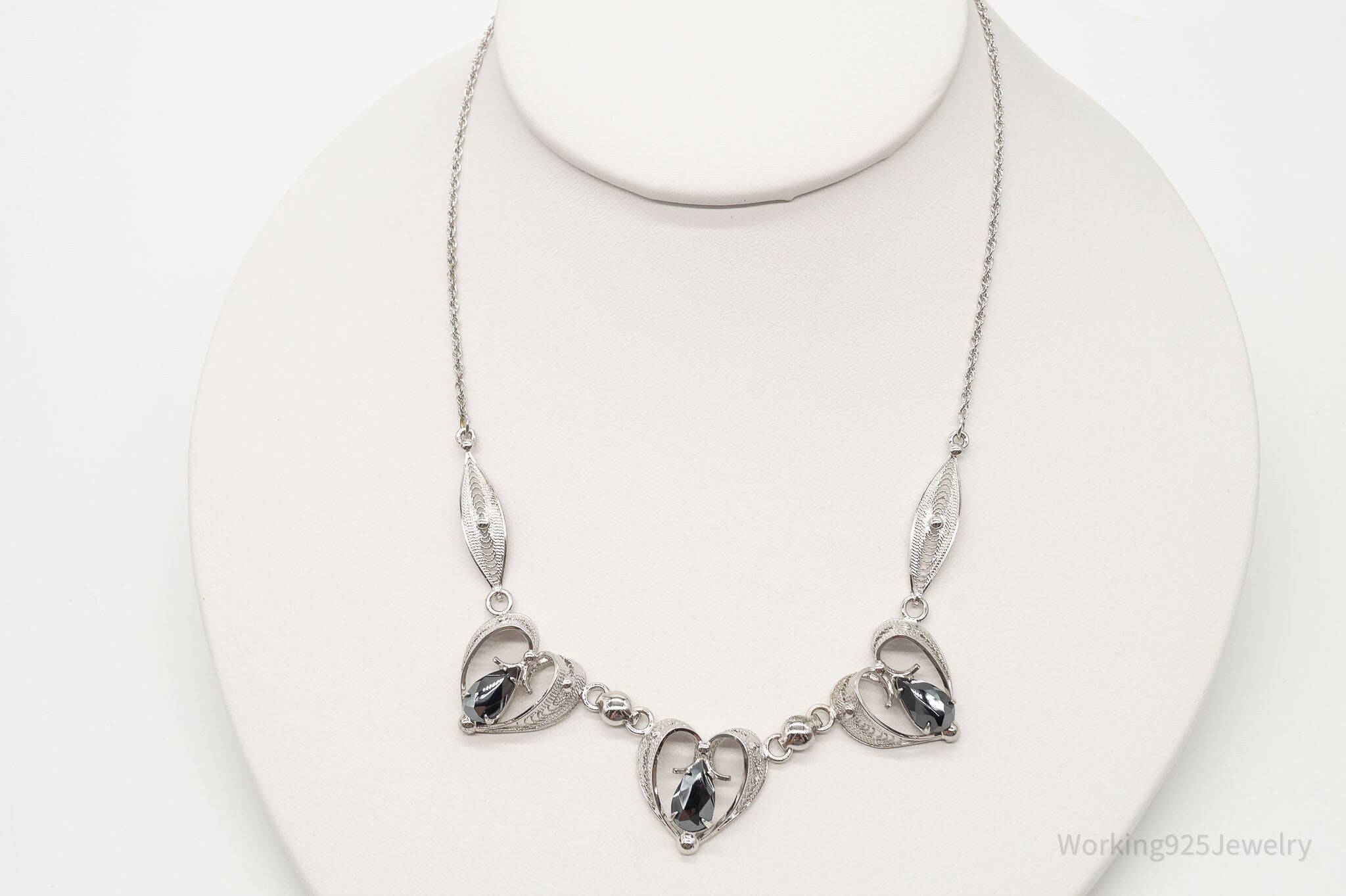 Vintage Designer Sorrento Hematite Filigree Hearts Sterling Silver Necklace