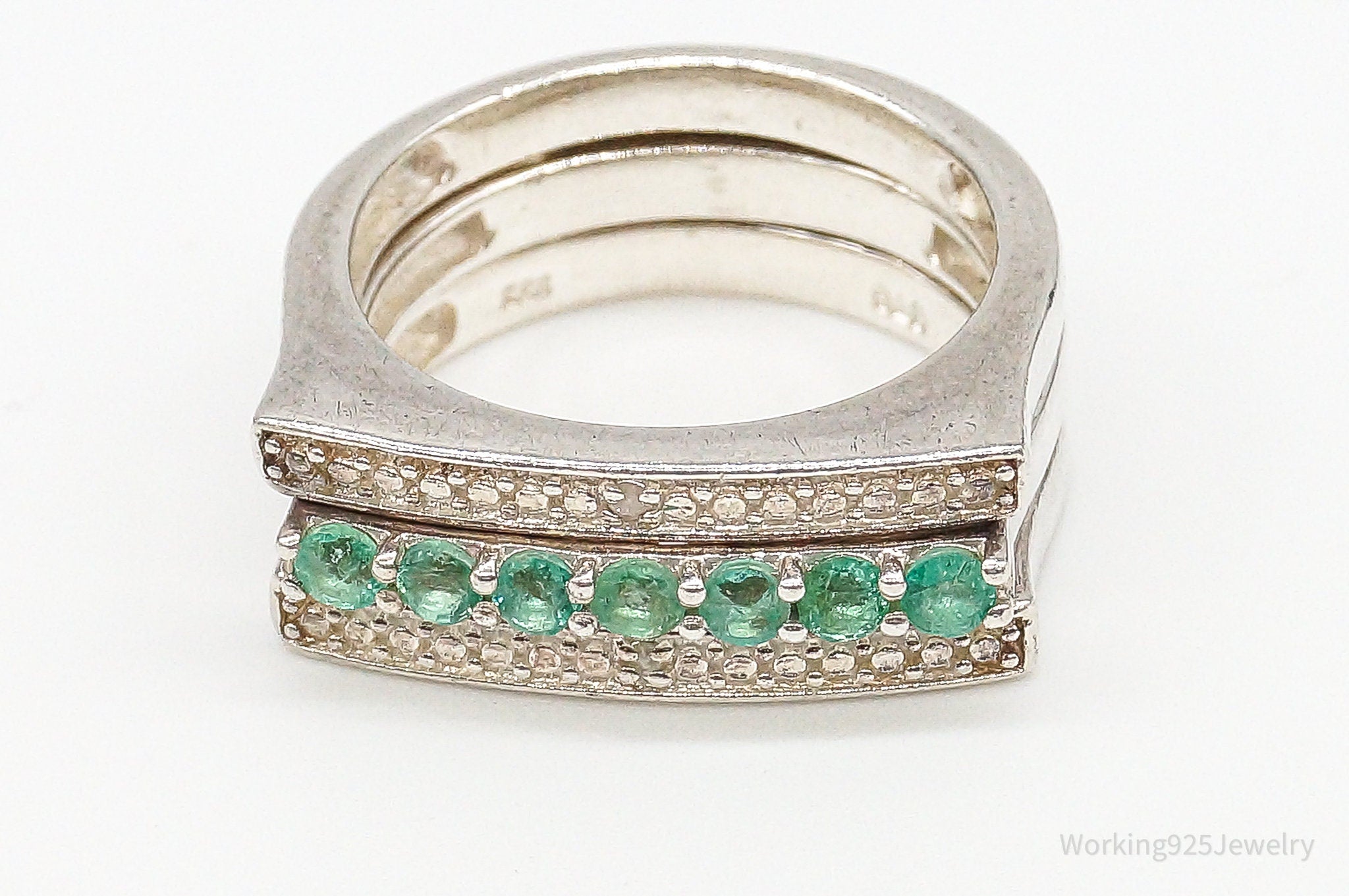 Vintage Emerald 2 Diamond Sterling Silver Ring - Size 7.25