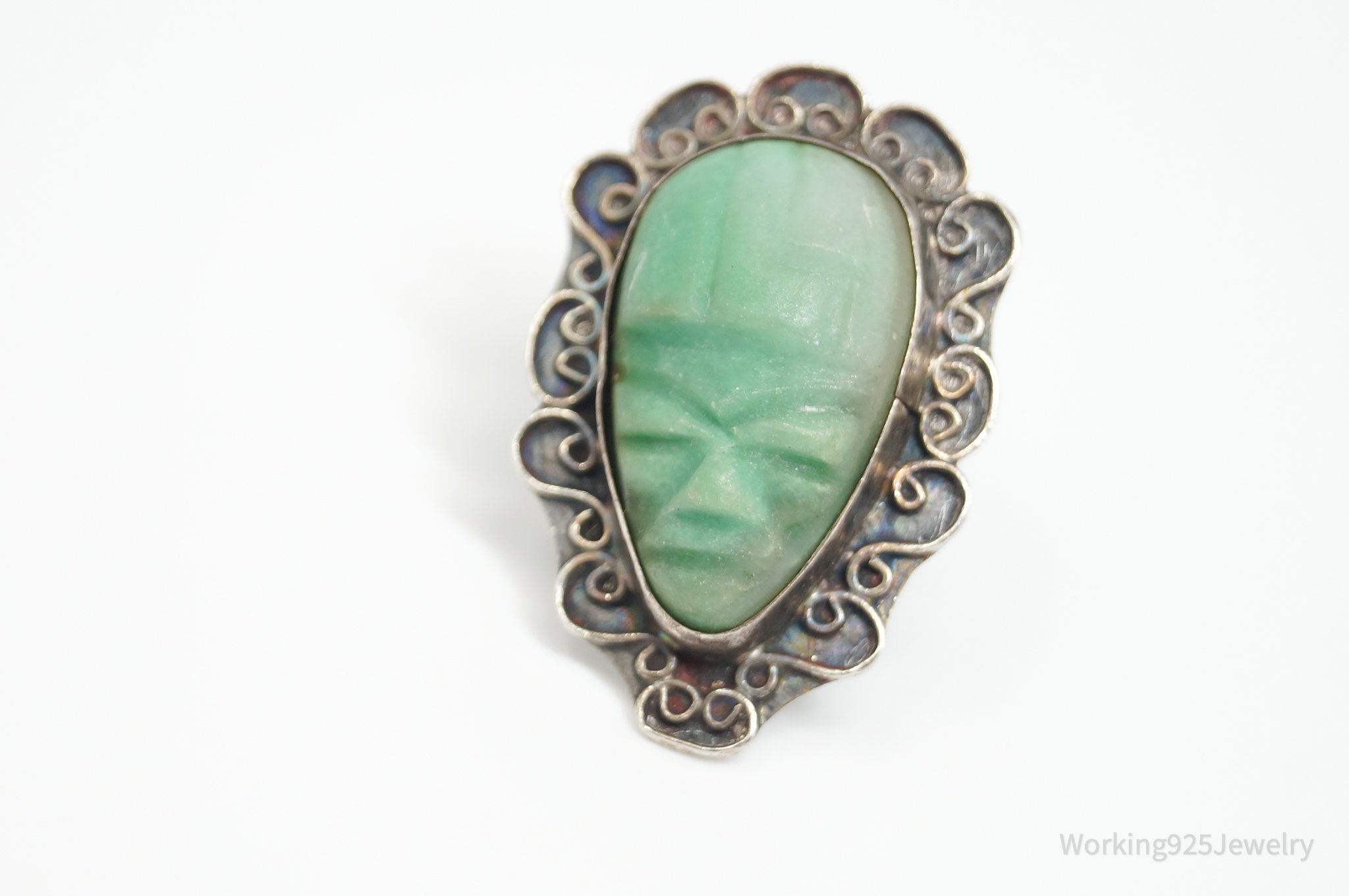 Vintage Aztec Sun God Face Carved Green Stone Sterling Silver Ring - Sz 5.75