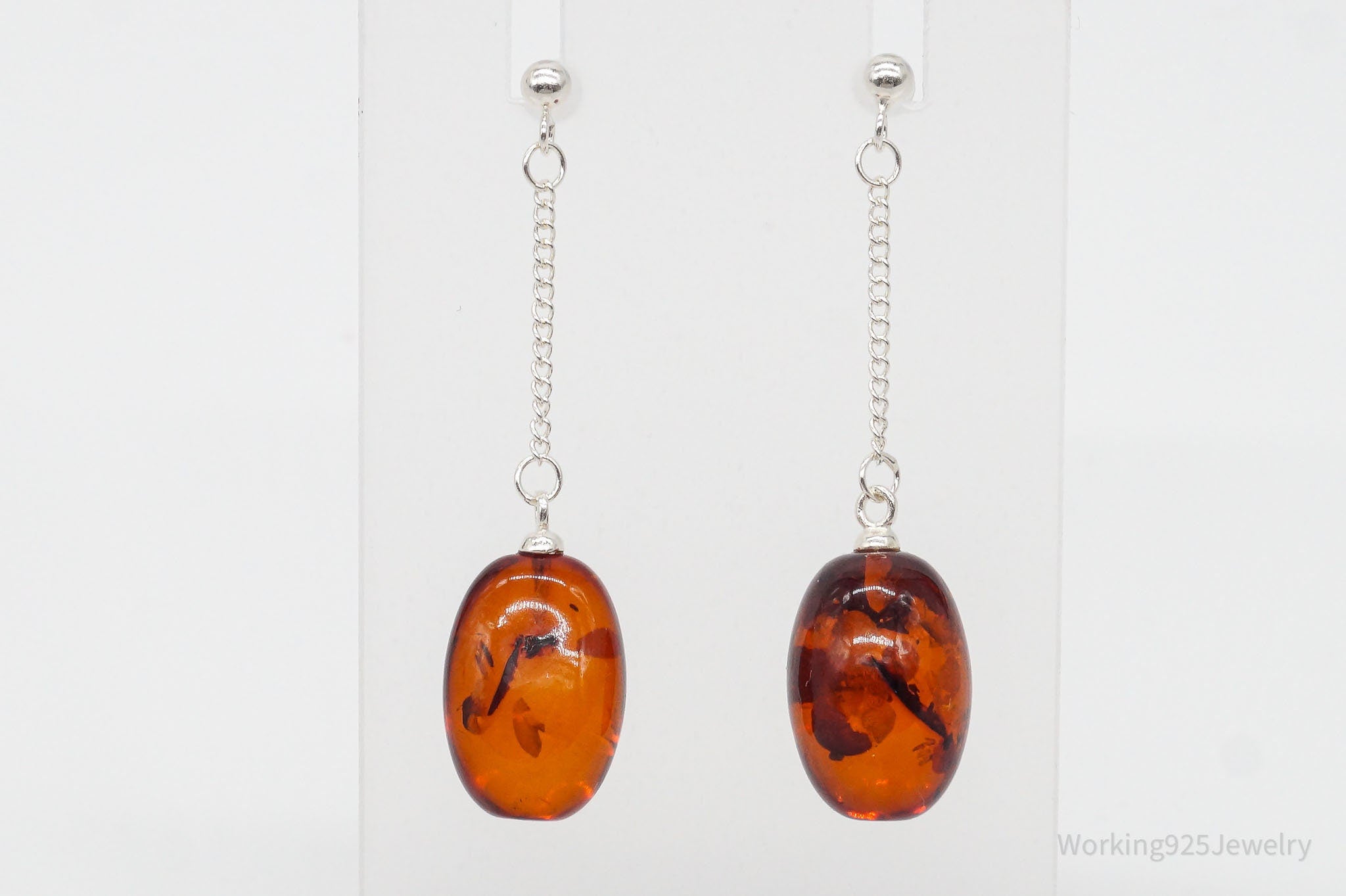 Long Vintage Amber Sterling Silver Earrings