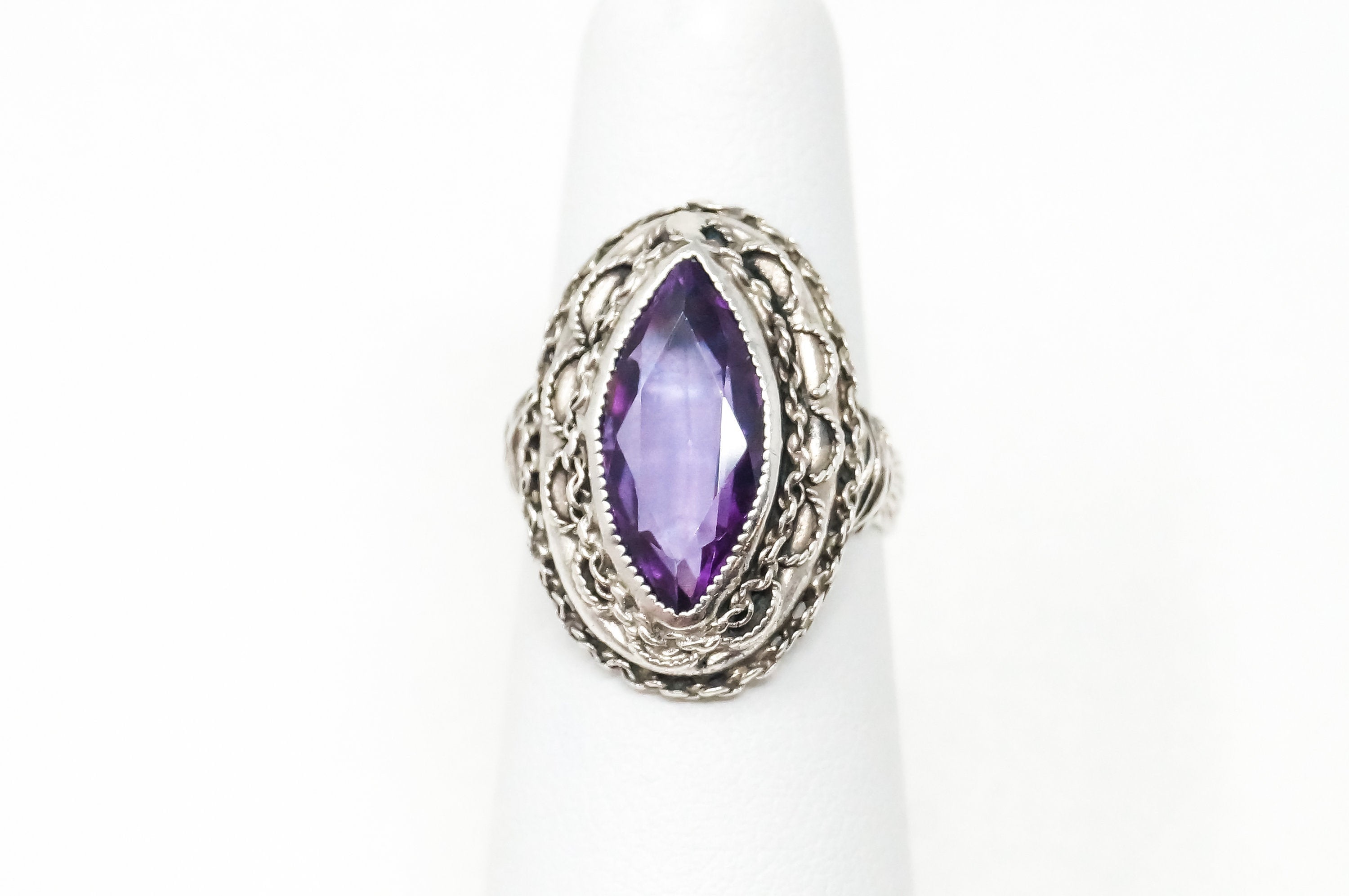 Vintage Art Deco Amethyst Sterling Silver Ring - Sz 4.5 - 785070524