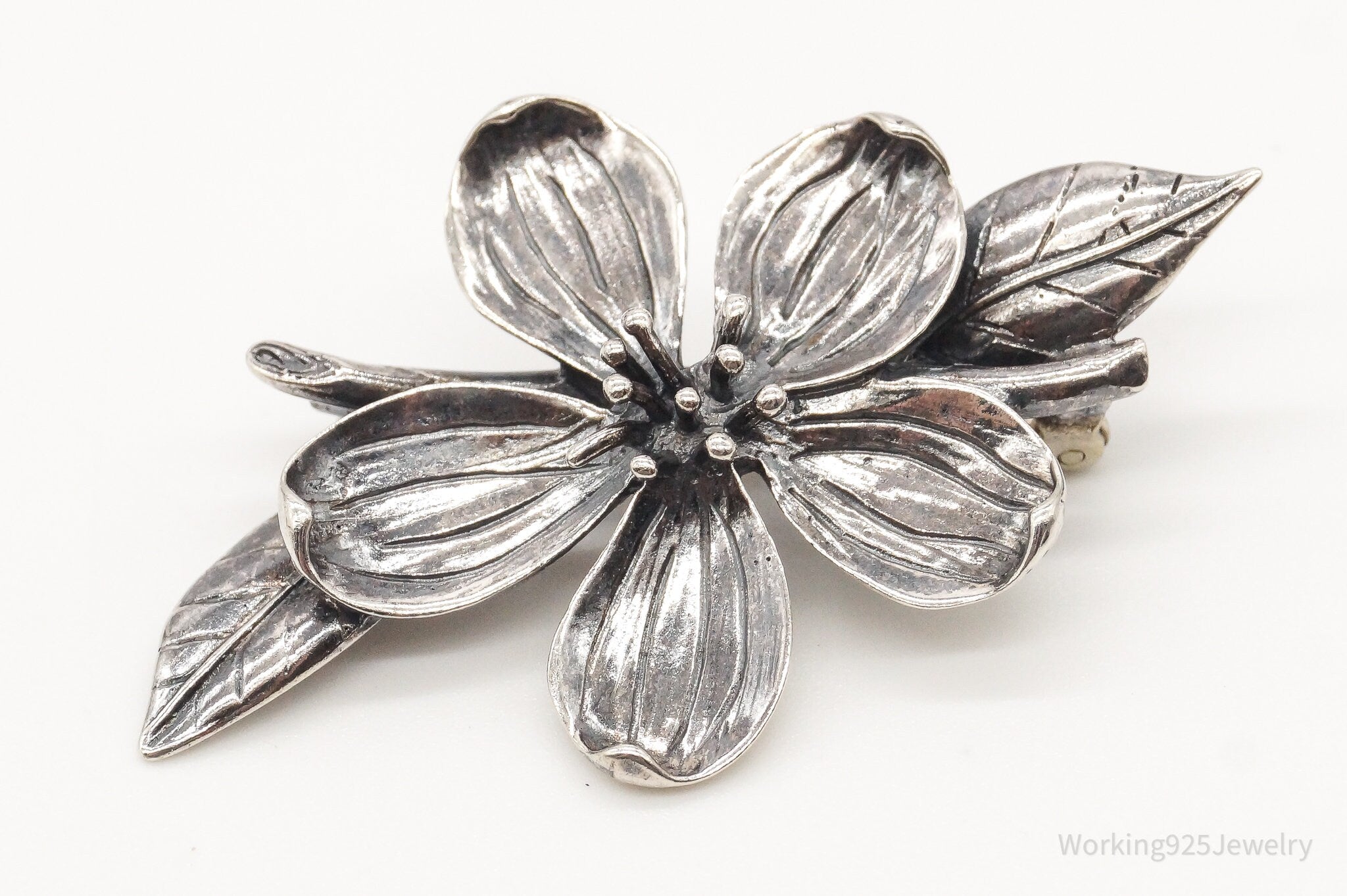 Vintage Designer H & H Flower Sterling Silver Brooch Pin