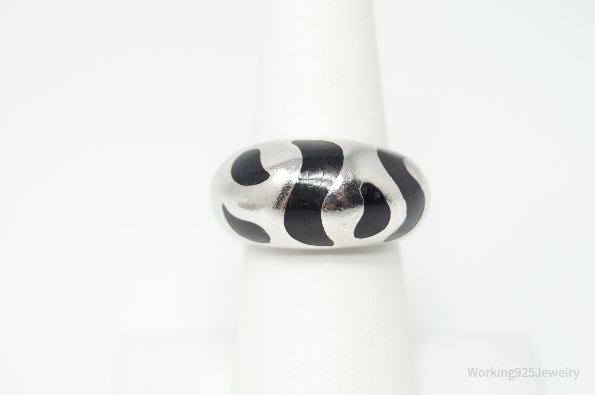 Vintage Black Enamel Tiger Stripe Design Sterling Silver Ring - Size 6.5