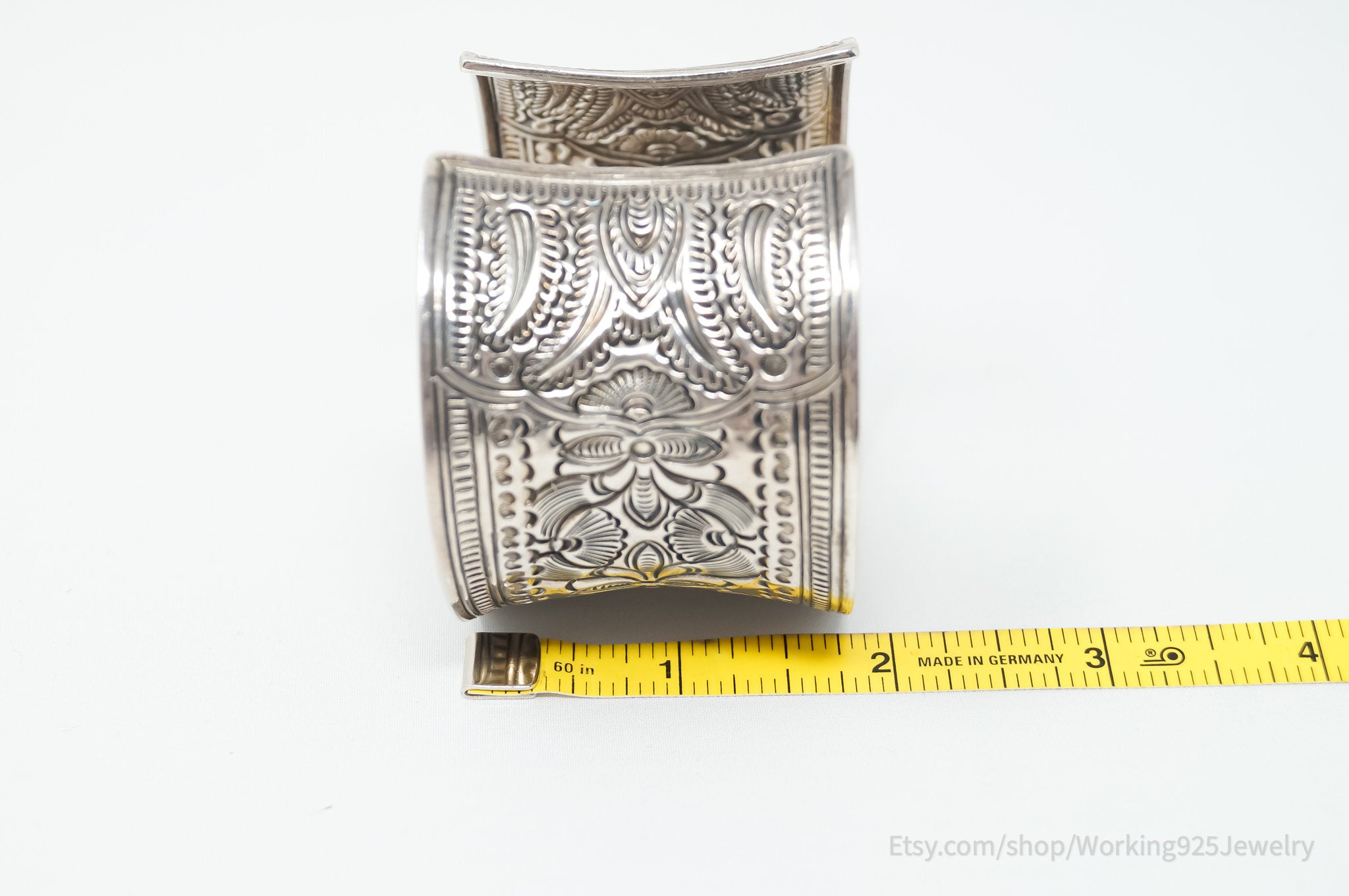 Vintage Designer Floral Pattern Flower Motif Sterling Silver Cuff Bracelet