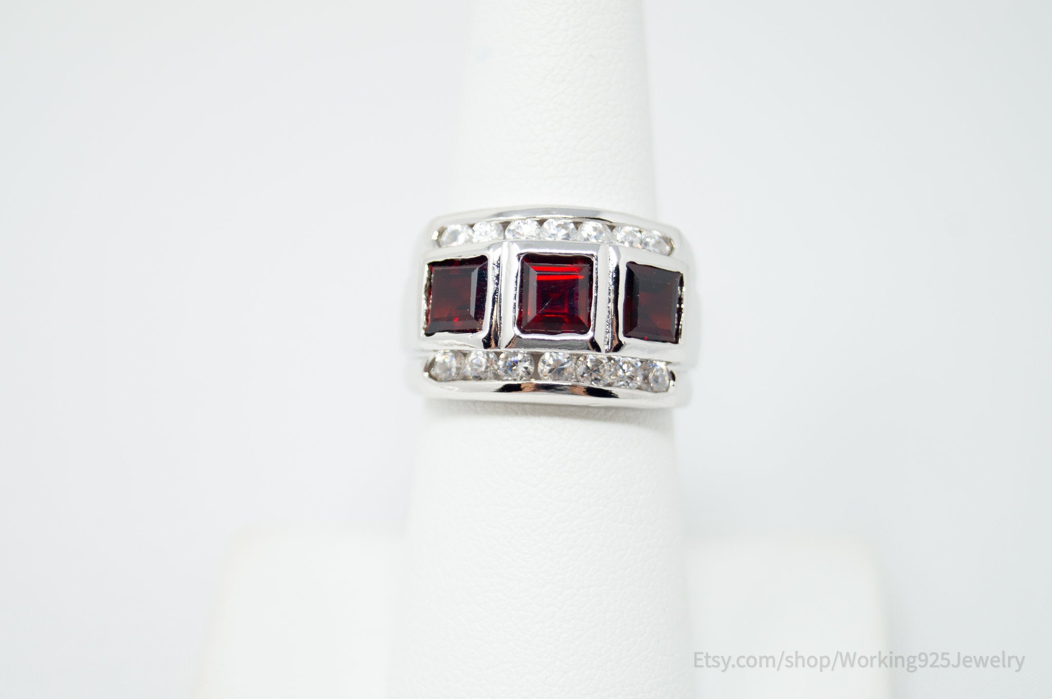 Vintage Art Deco Style Red Garnet CZ Sterling Silver Ring Size 6.75