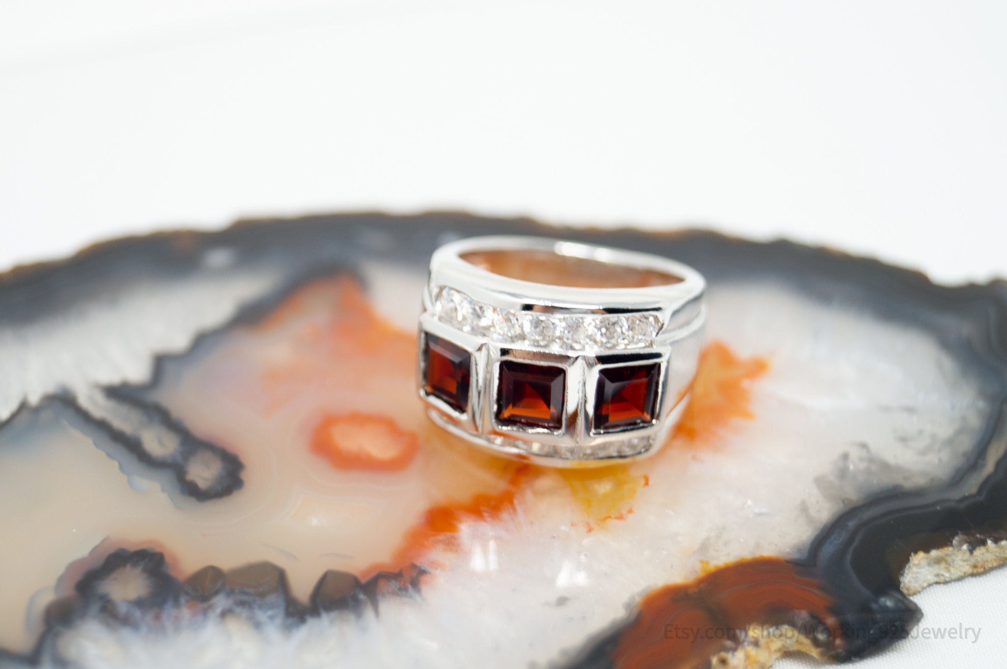 Vintage Art Deco Style Red Garnet CZ Sterling Silver Ring Size 6.75