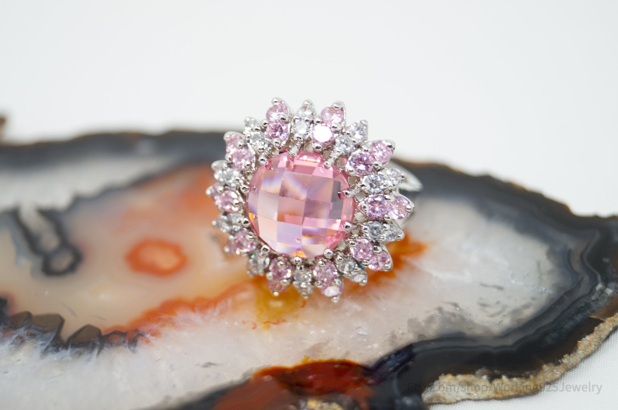 Vintage Art Deco Style Pink Topaz CZ Cluster Sterling Silver Ring - Size 6.75