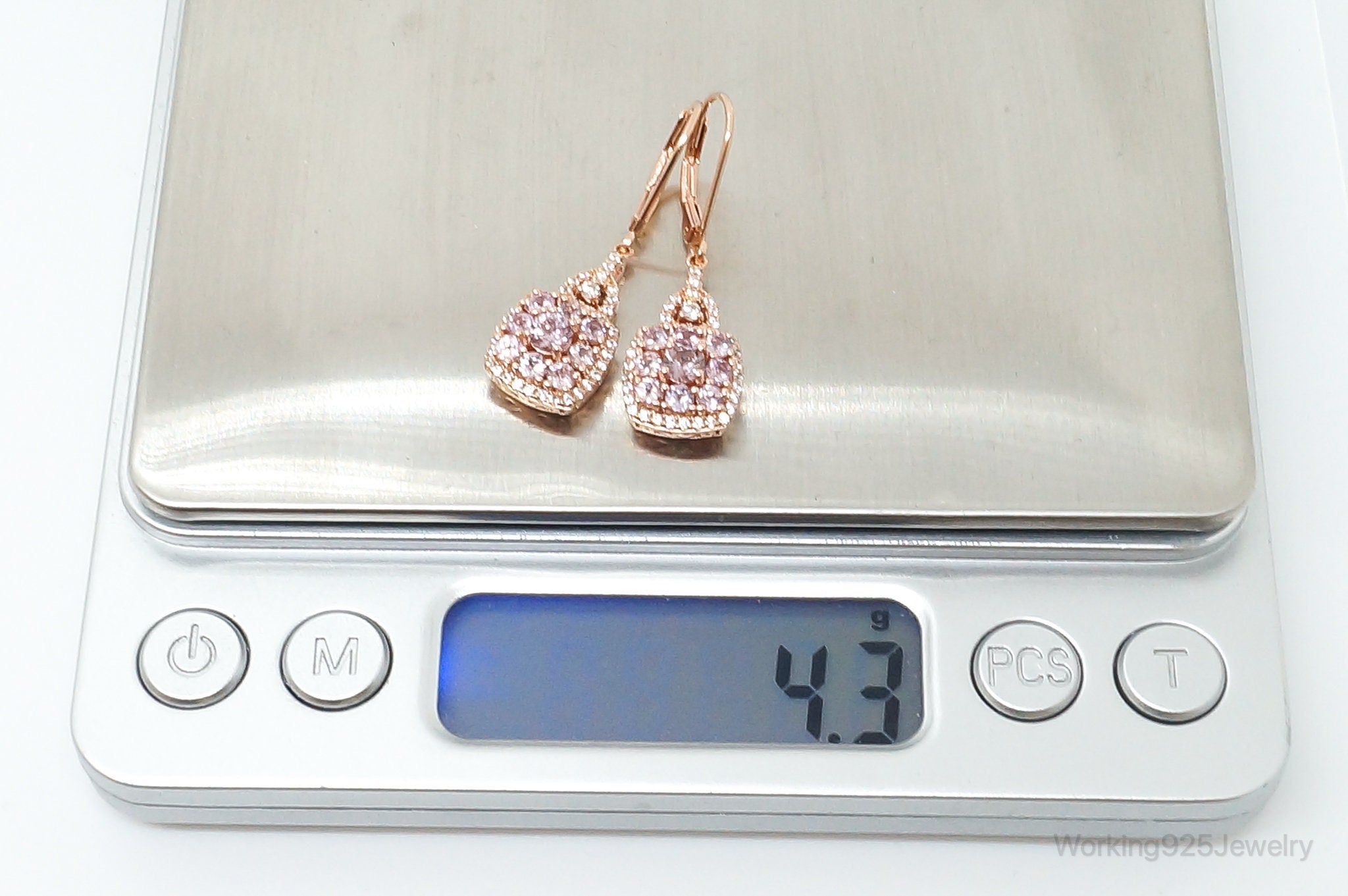 Designer DK Pink & White CZ Rose Gold Vermeil Sterling Silver Earrings