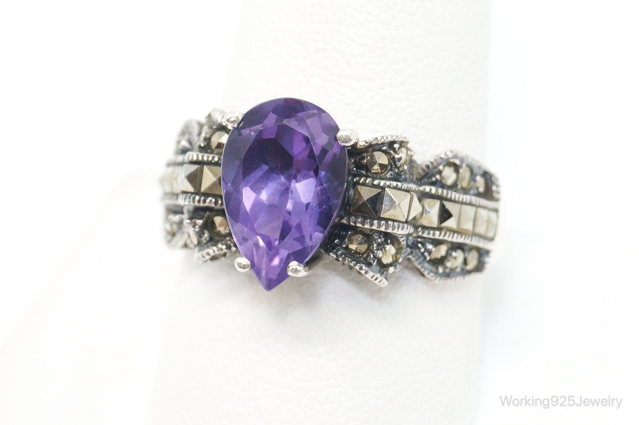 Vintage Designer Judith Jack Marcasite Amethyst Sterling Silver Ring Size 10