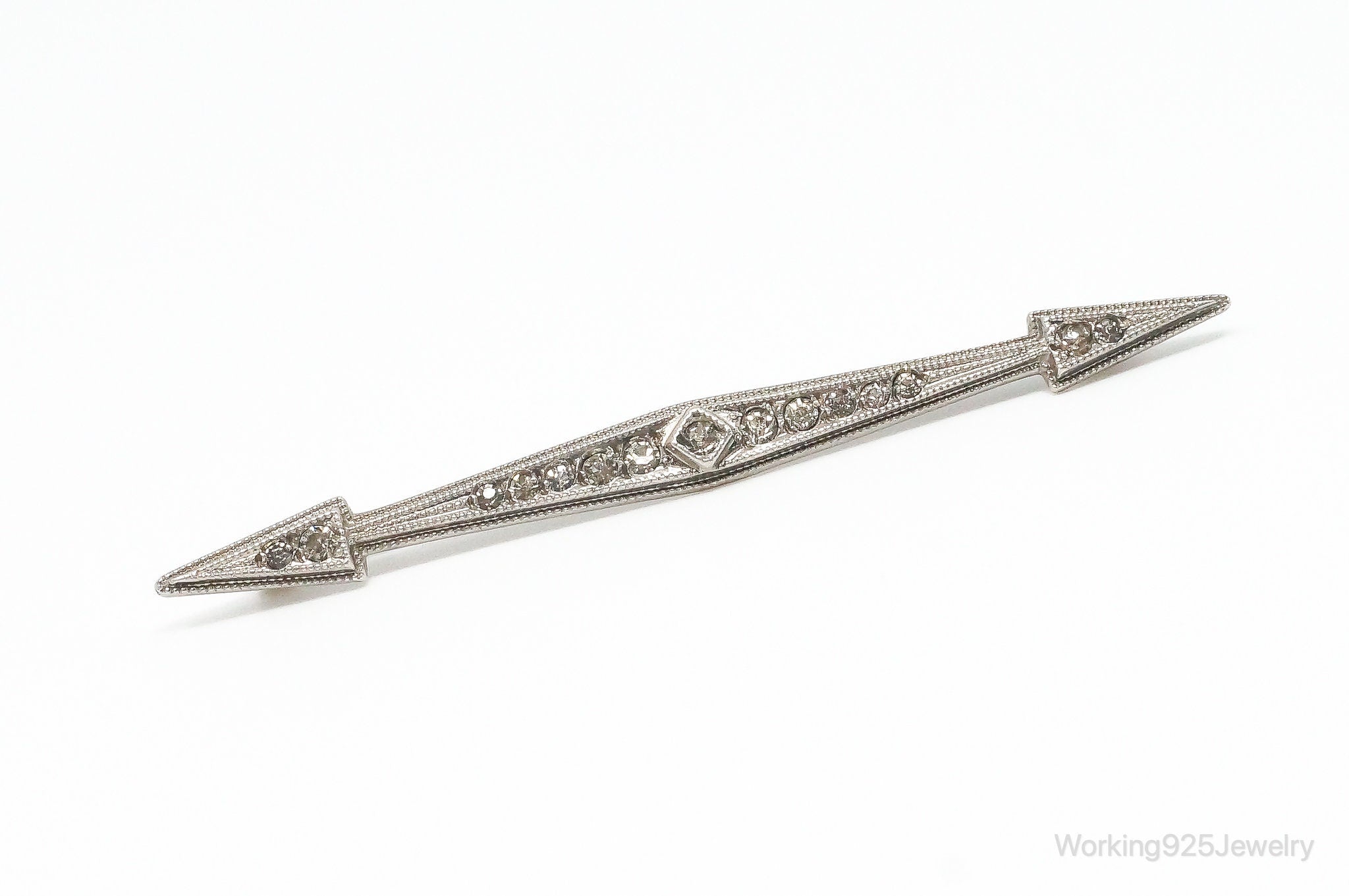 Antique Designer Cubic Zirconia Sterling Silver Brooch Pin Bar