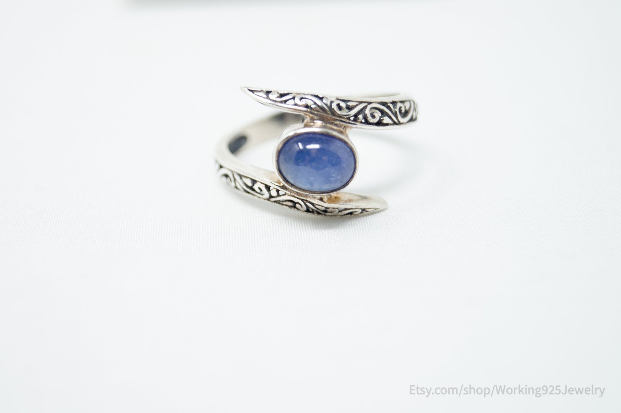 Vintage Deco Style Blue Gemstone Swirl Scroll Sterling Silver Ring - Size 10