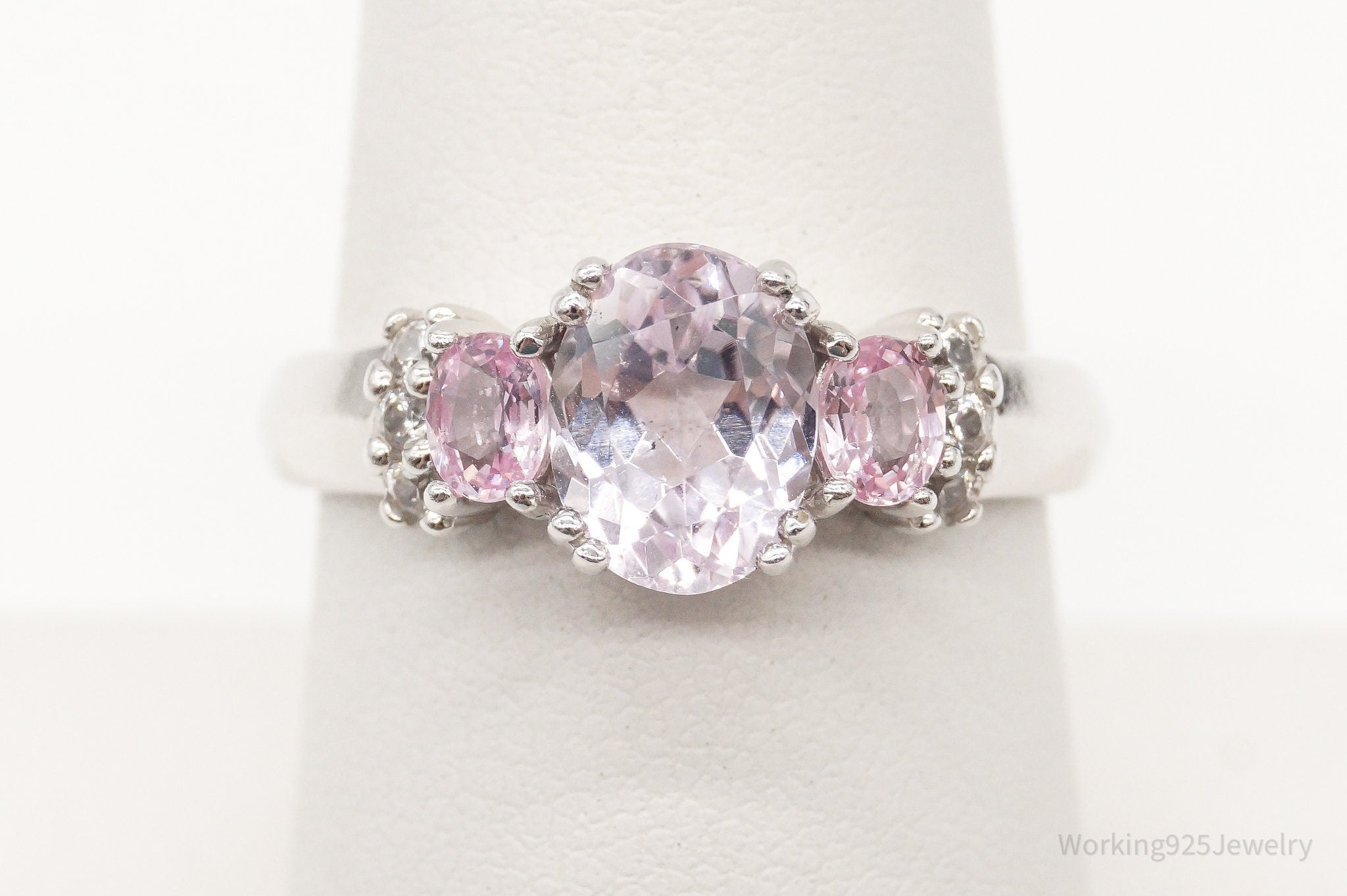 Pink Kunzite Pink Sapphire Cubic Zirconia Rhodium Sterling Silver Ring SZ 7.5