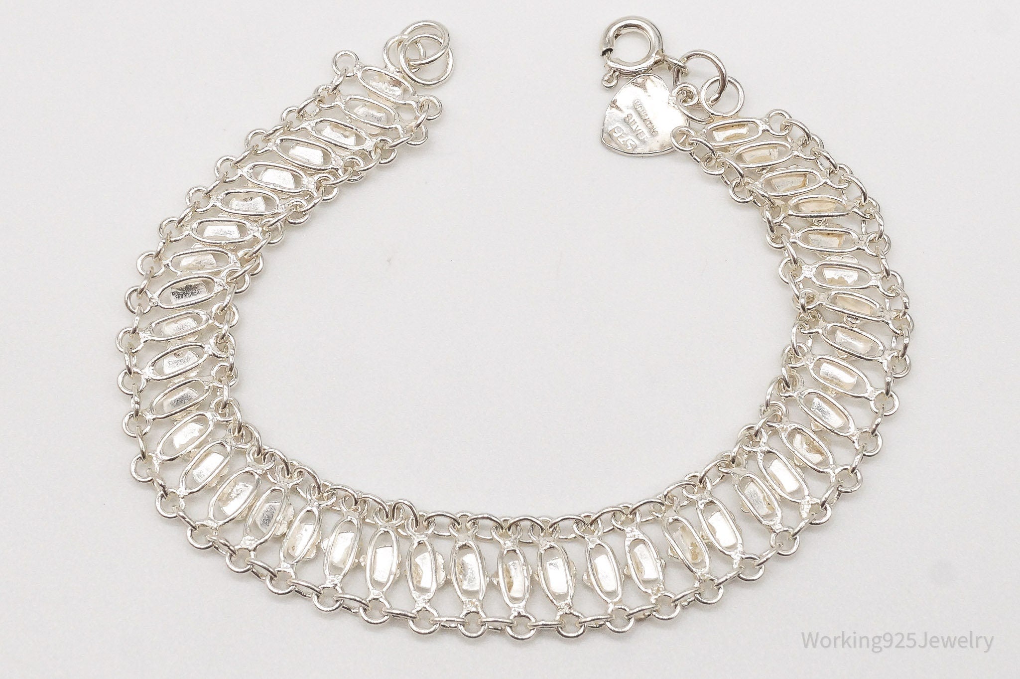 Vintage Hearts Mesh Chain Link Sterling Silver Bracelet