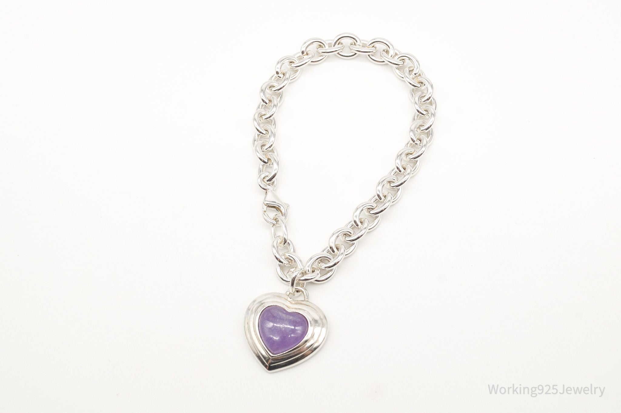 Vintage Designer CNA Lavender Jade Heart Chain Link Sterling Silver Bracelet