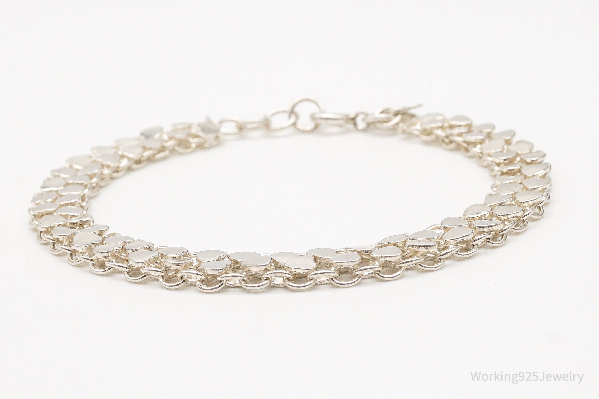 Vintage Hearts Mesh Chain Link Silver Bracelet