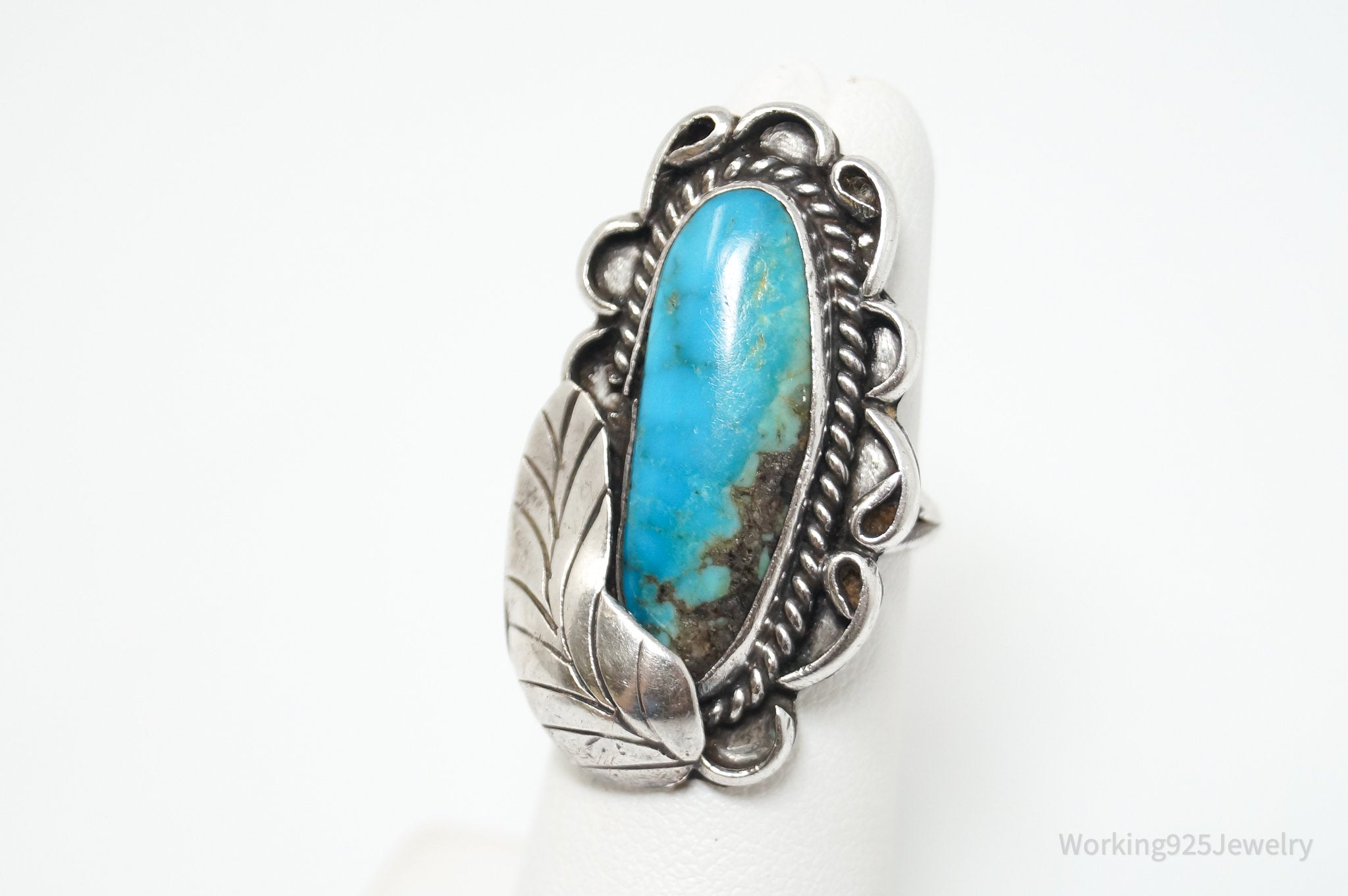 Long Vtg Native American Turquoise Unsigned Sterling Silver Ring - Sz 4.75