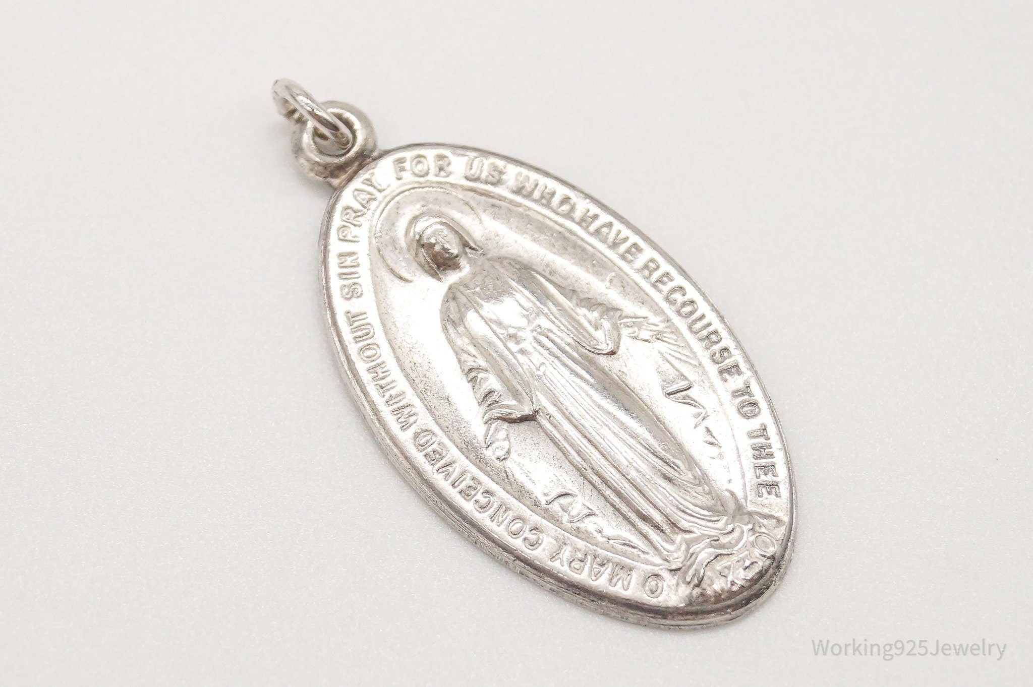 Antique Mary Pray For Us Sterling Silver Pendant