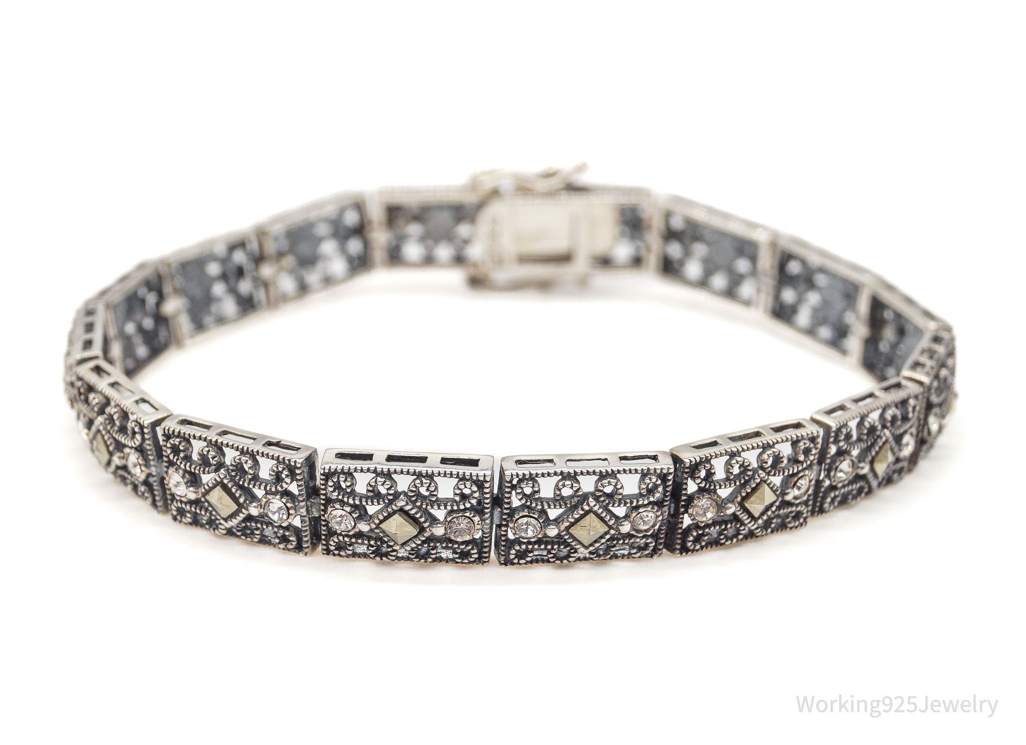 Vintage Cubic Zirconia Marcasite Filigree Sterling Silver Bracelet