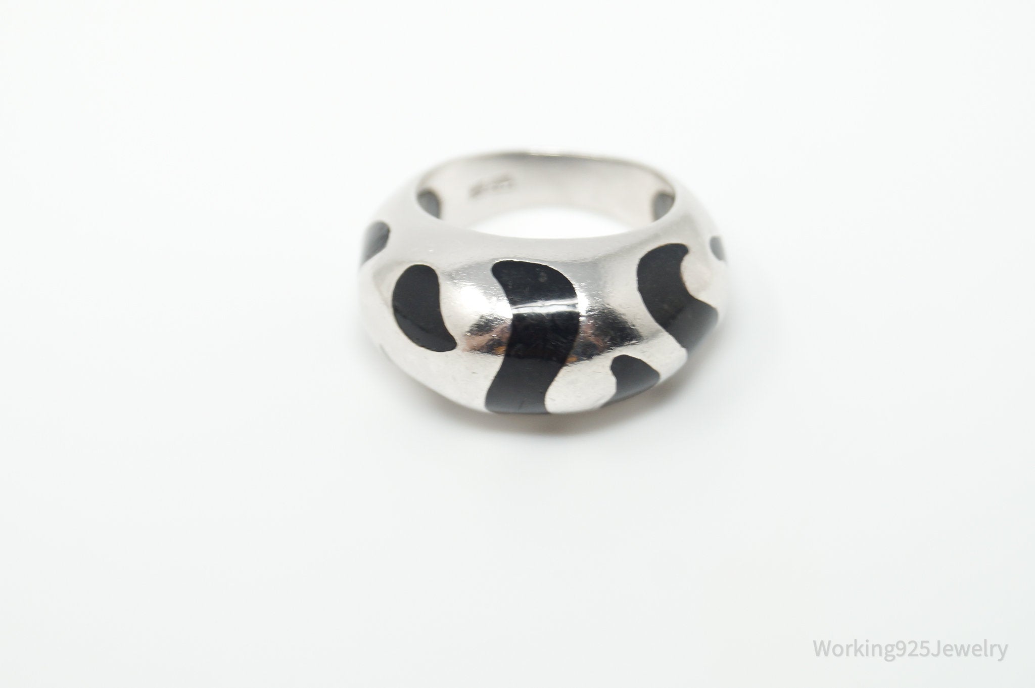 Vintage Black Enamel Tiger Stripe Design Sterling Silver Ring - Size 6.5