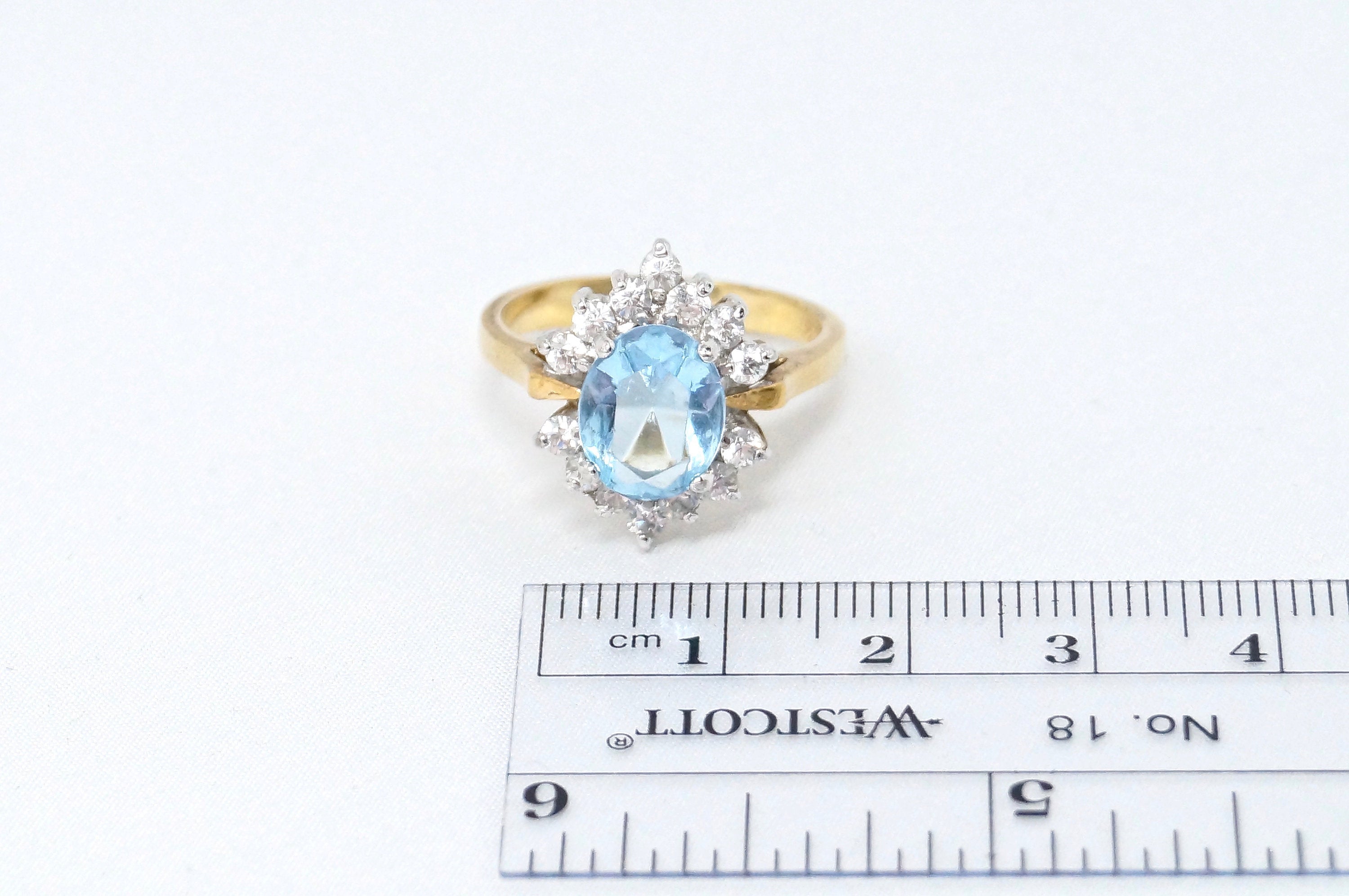 Vintage Designer Art Deco Blue Topaz CZ Accented Gold Vermeil Ring Sterling Sz 8