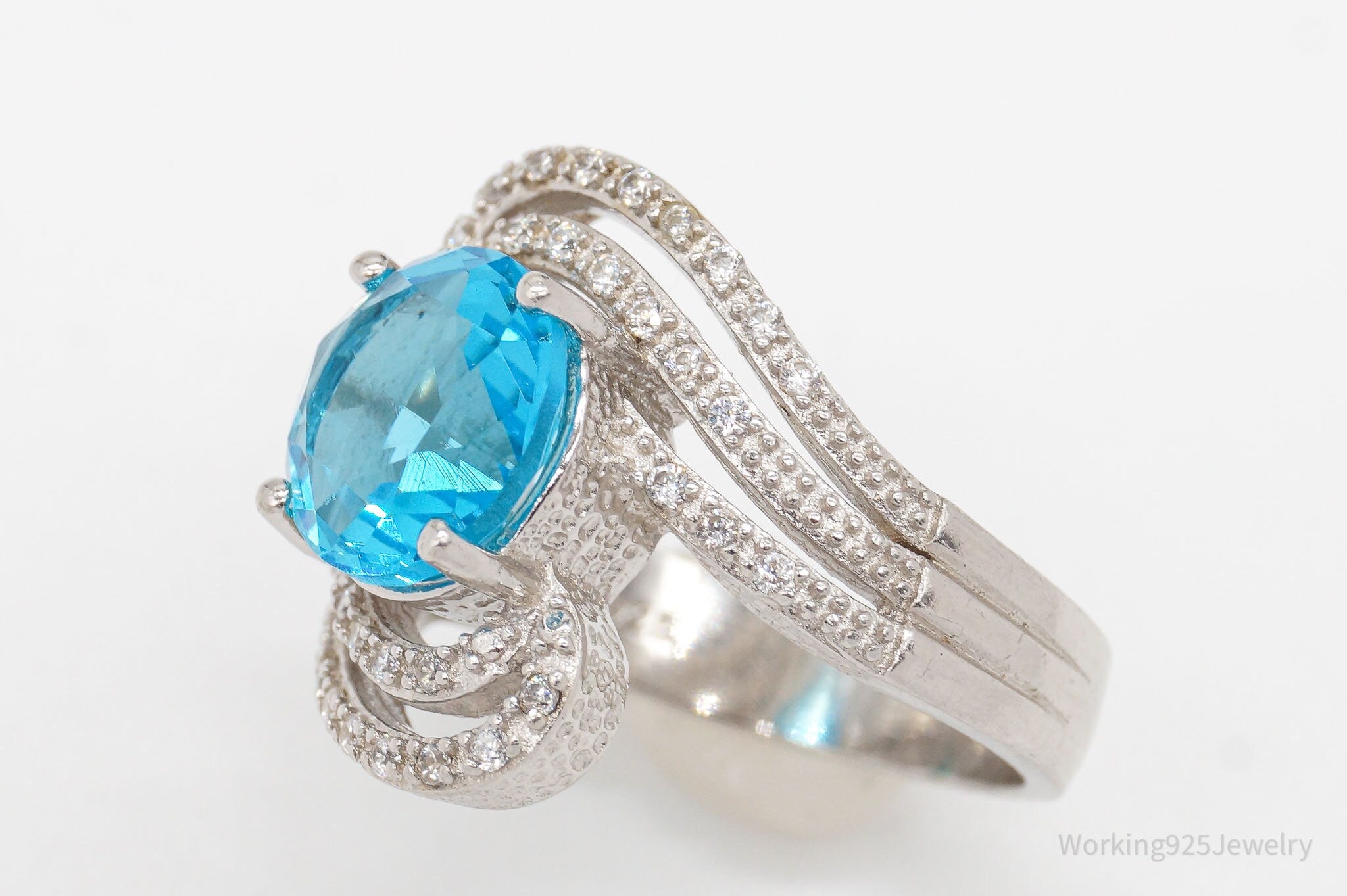 Vintage Blue Topaz Cubic Zirconia Sterling Silver Ring - Size 7.75