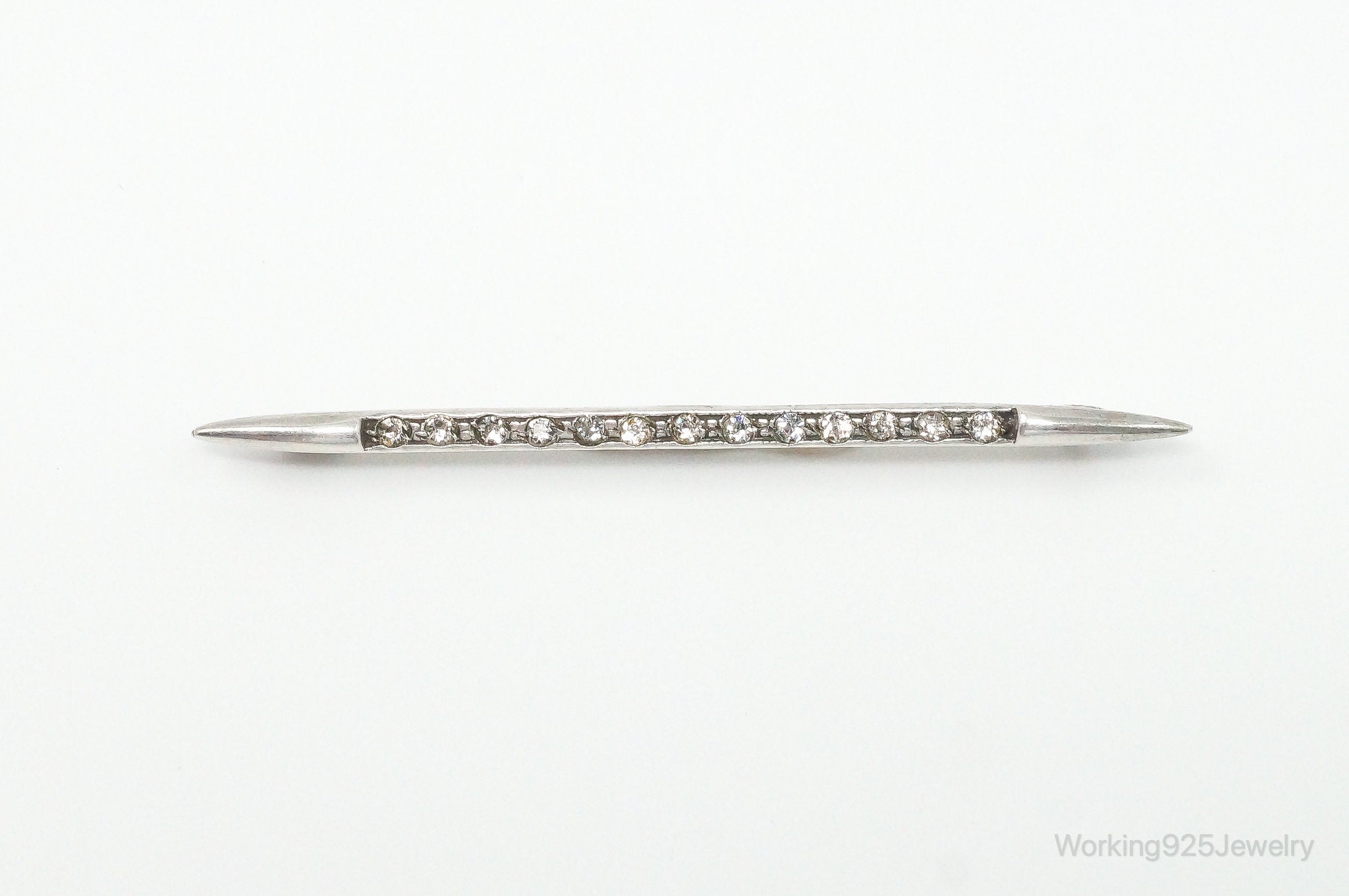 Antique Victorian Rhinestone Sterling Silver Brooch Pin Bar