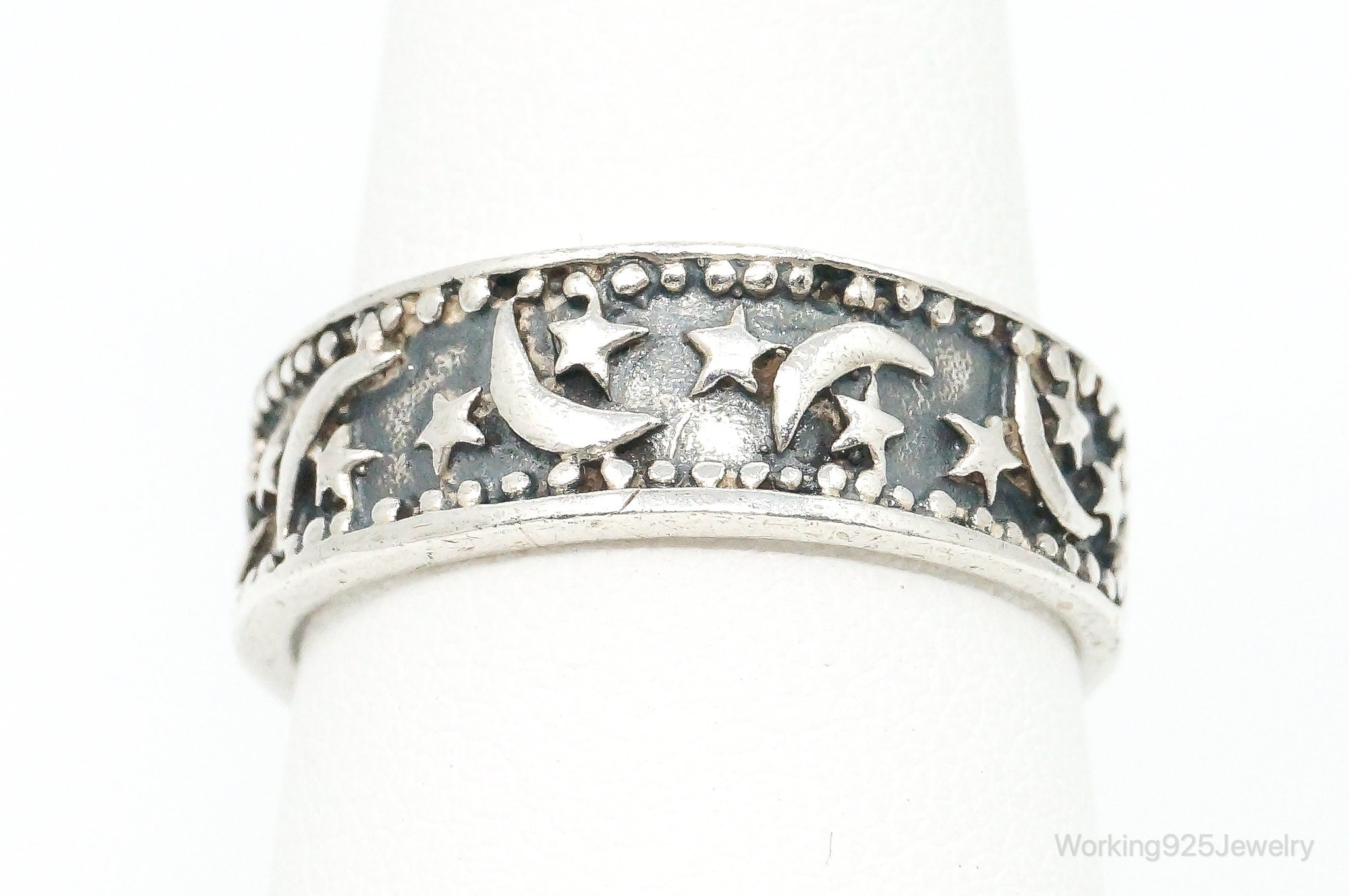 Vintage Cosmic Stars & Moon Sterling Silver Band Ring Size 8.5