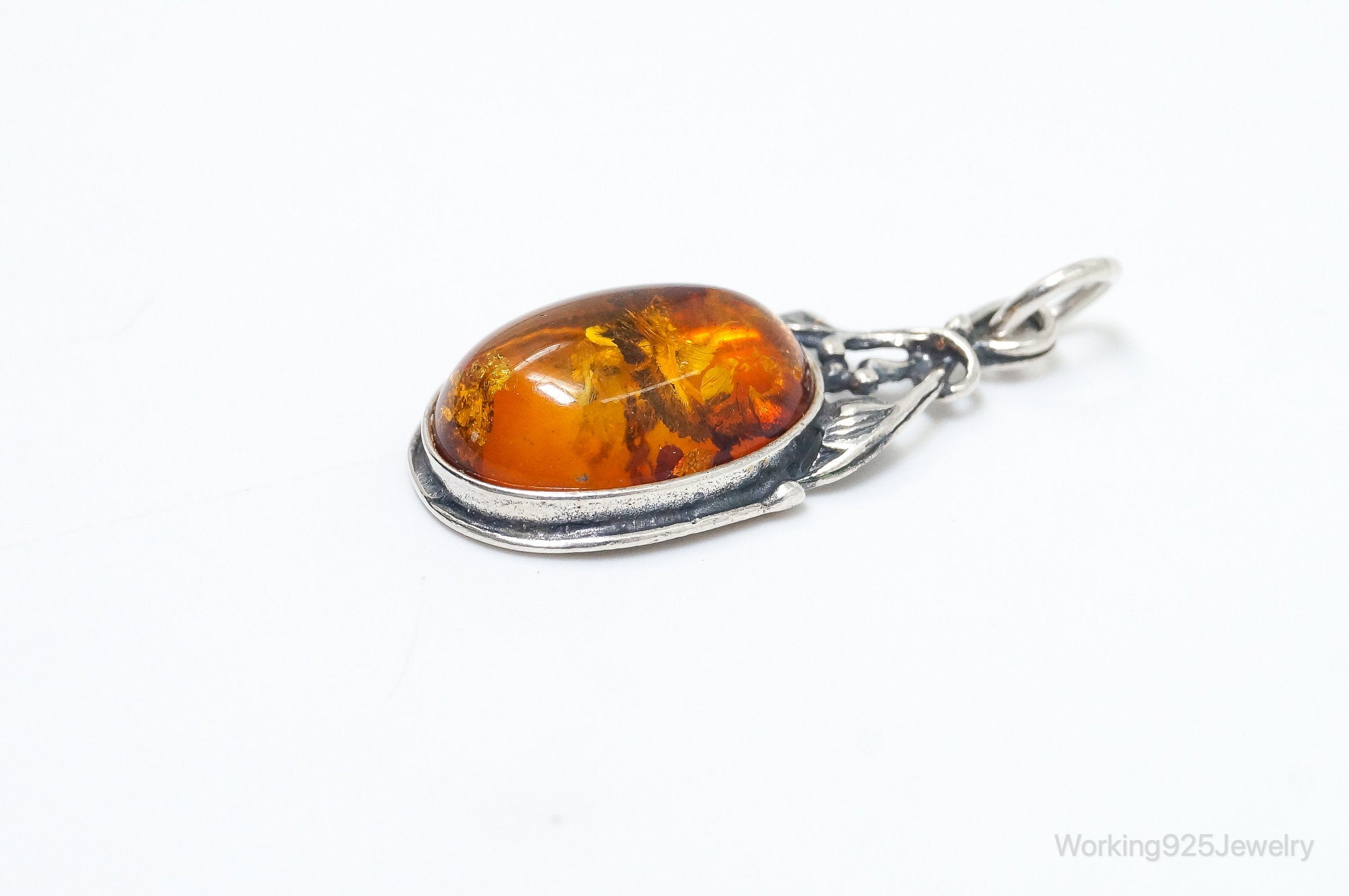 Vintage Amber Modernist Sterling Silver Necklace Pendant