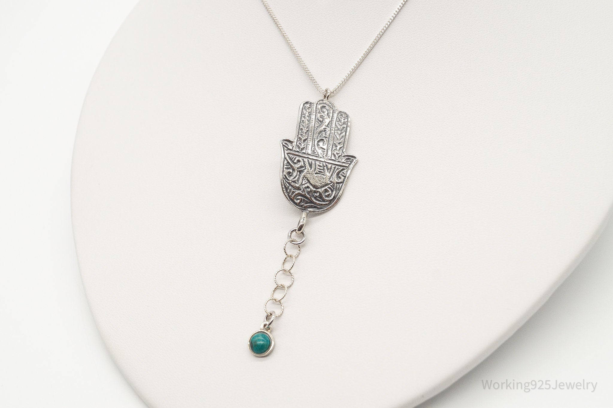 Vintage Israel Designer RL Hamsa Hand Turquoise Sterling Silver Necklace