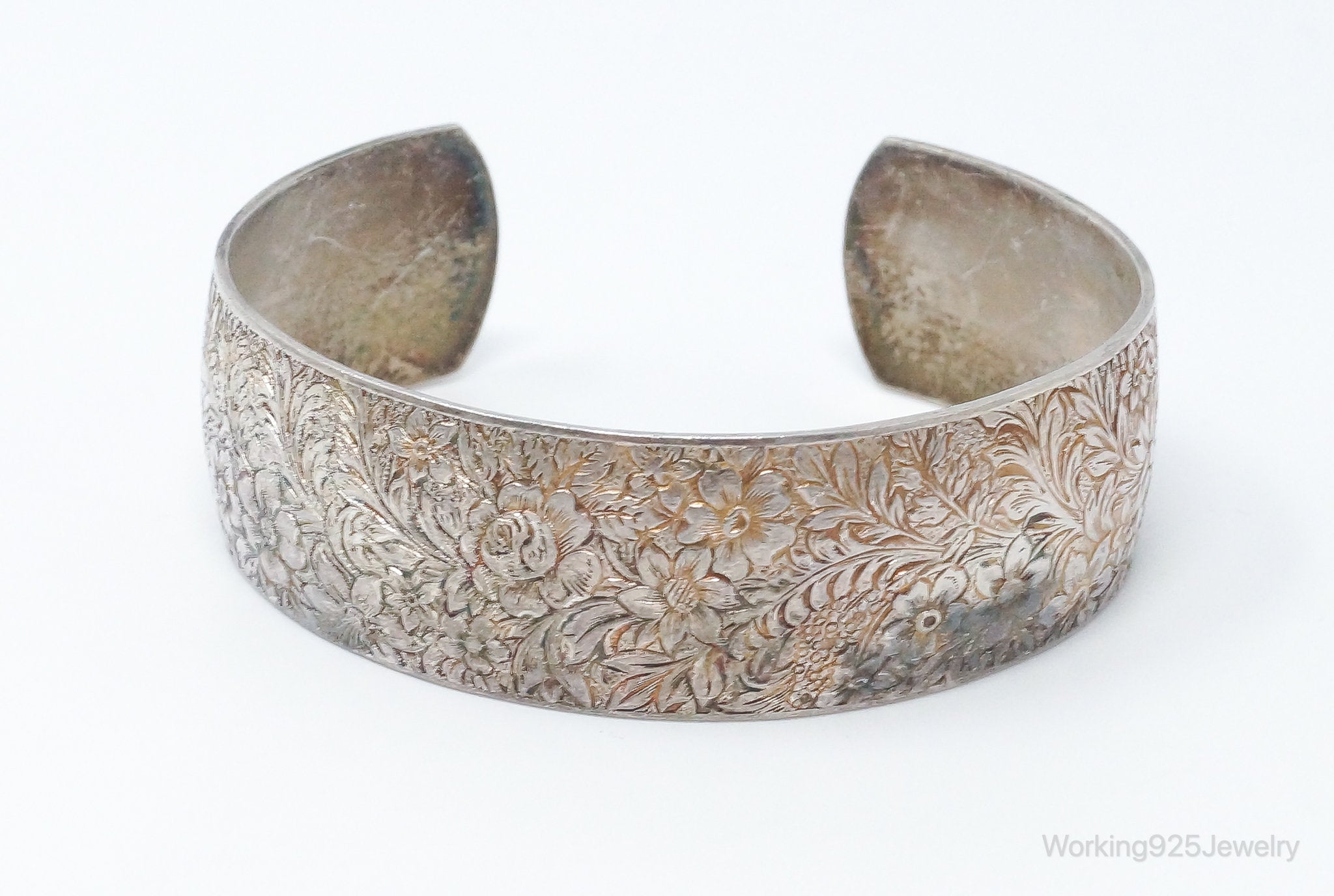 Antique Hayward Art Nouveau Etched Floral Sterling Silver Cuff Bracelet