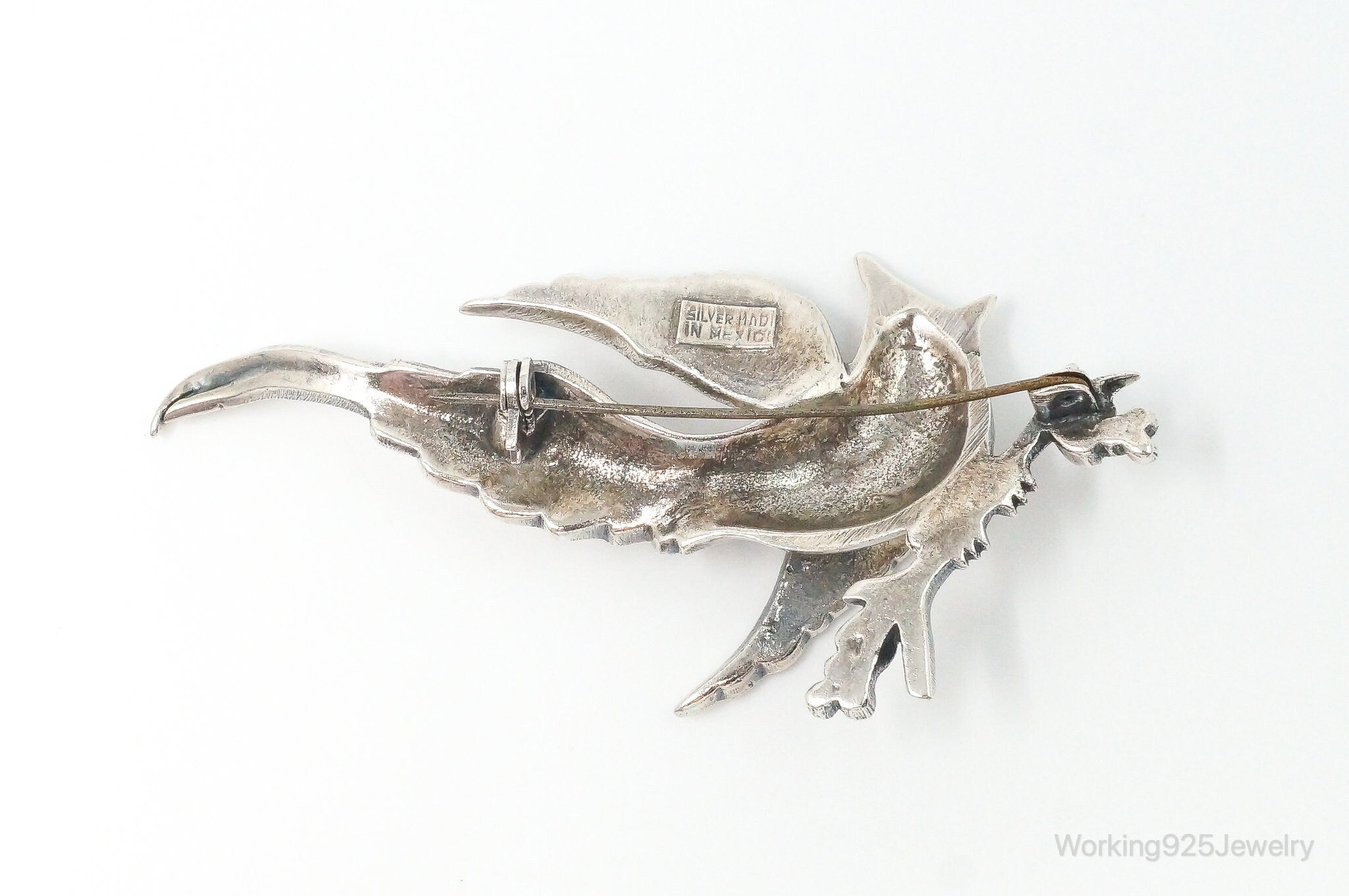 Large Heavy Vintage Mexico Perched Bird Silver Brooch Pin