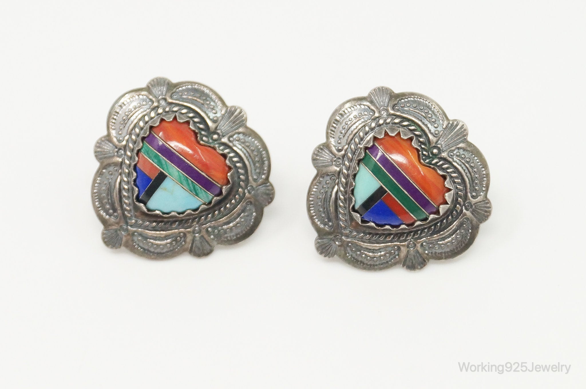 Vintage Handmade Southwestern Multi Gem Inlay Sterling Silver Earrings