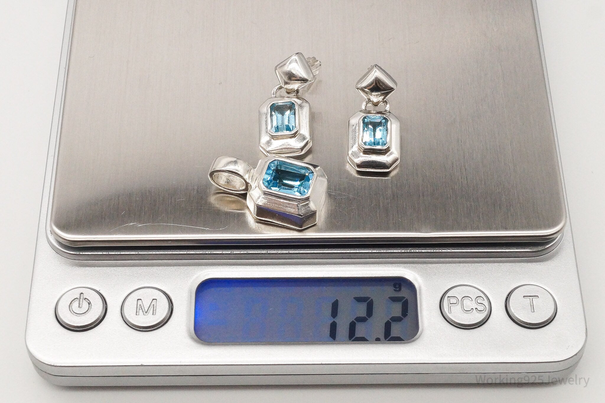 Vintage Blue Topaz Sterling Silver Pendant Earring Set