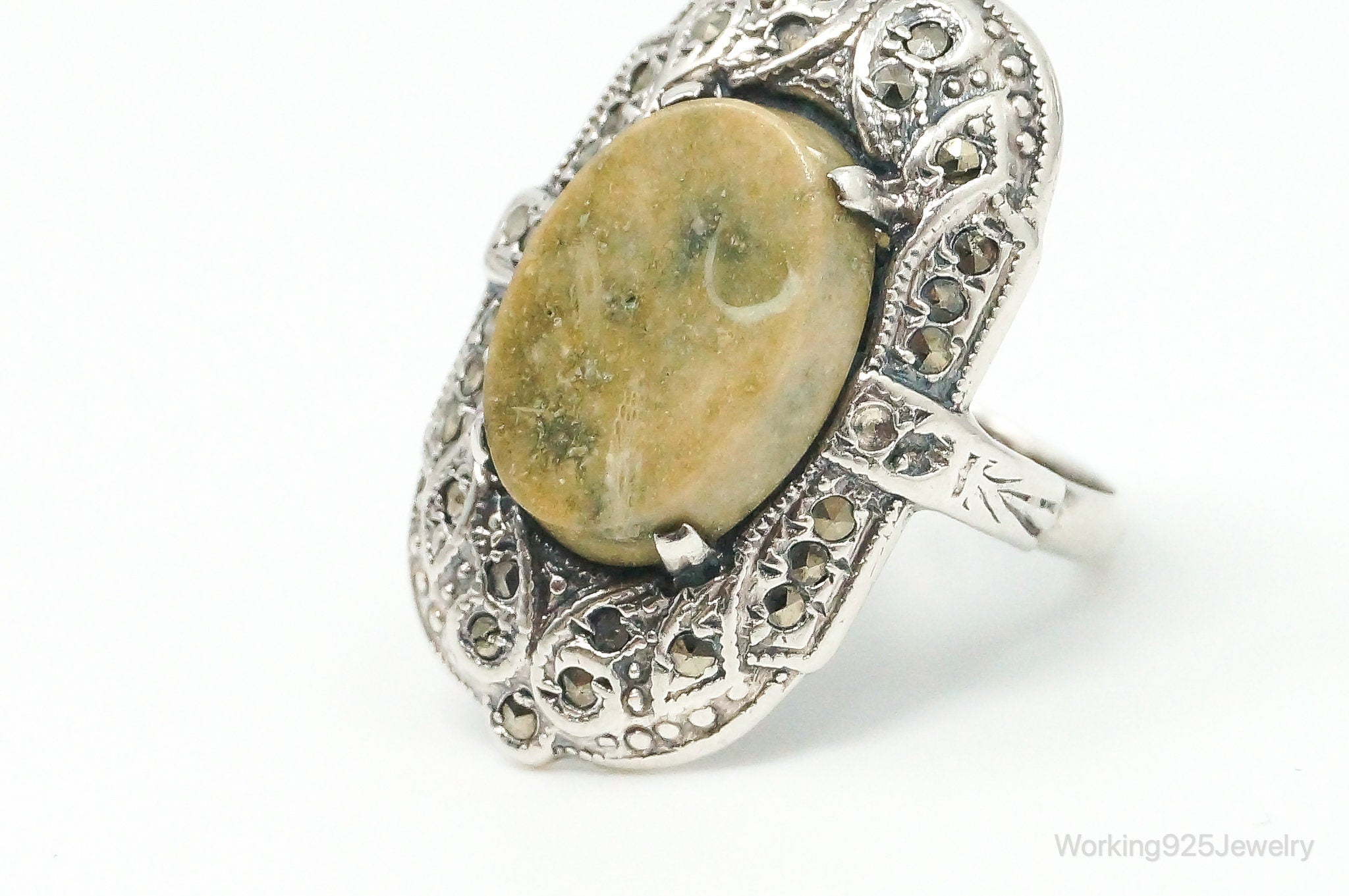 Antique Green Gemstone Marcasite Sterling Silver Ring - Size 6