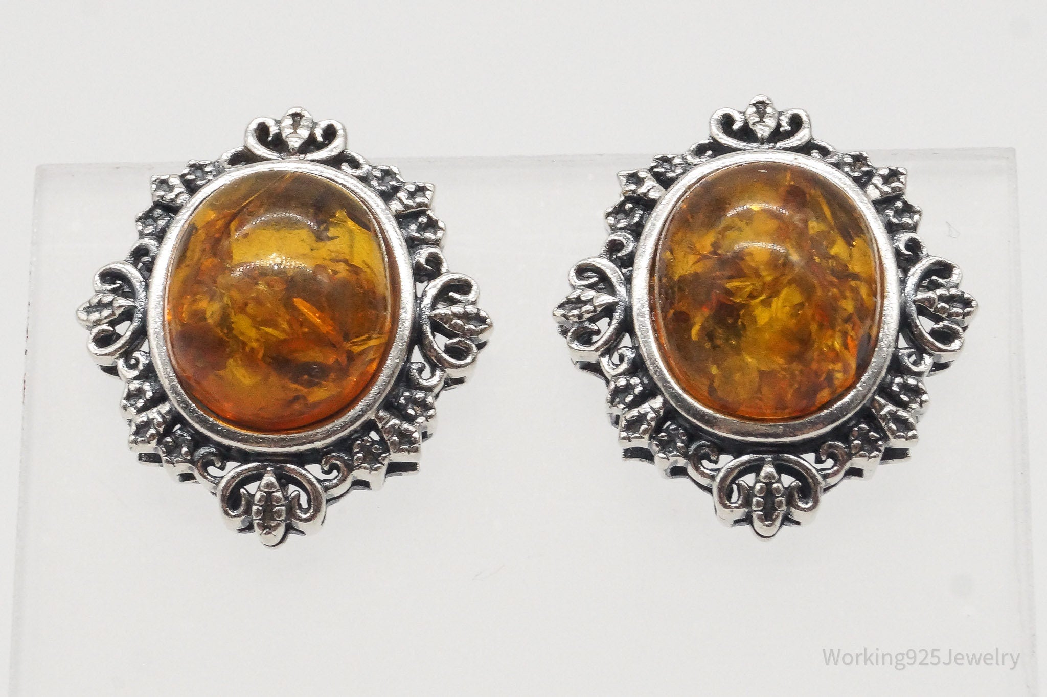 Vintage Amber Sterling Silver Earrings