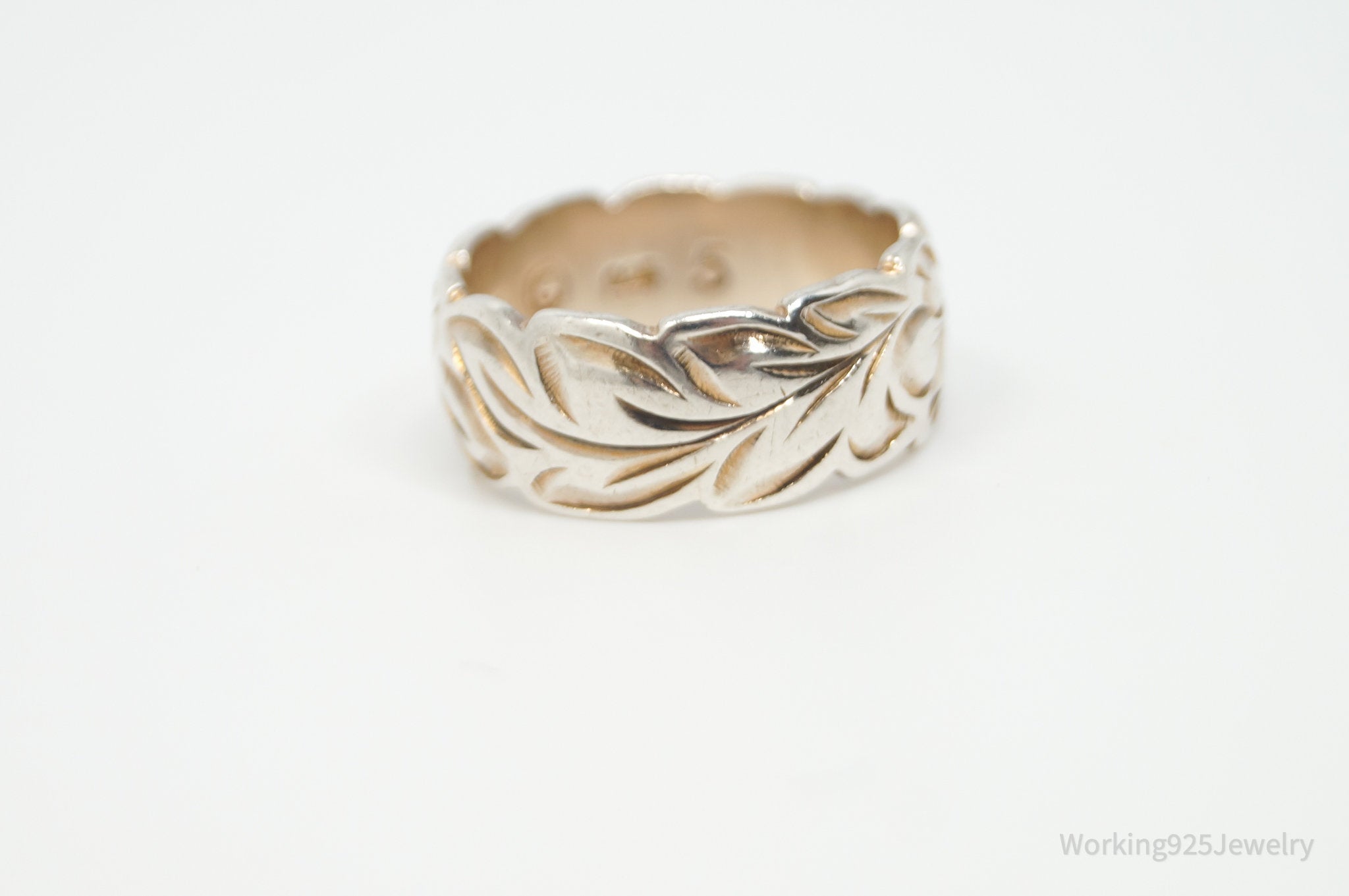 Vintage Designer PCU Art Nouveau Floral Sterling Silver Band Ring - Sz 5