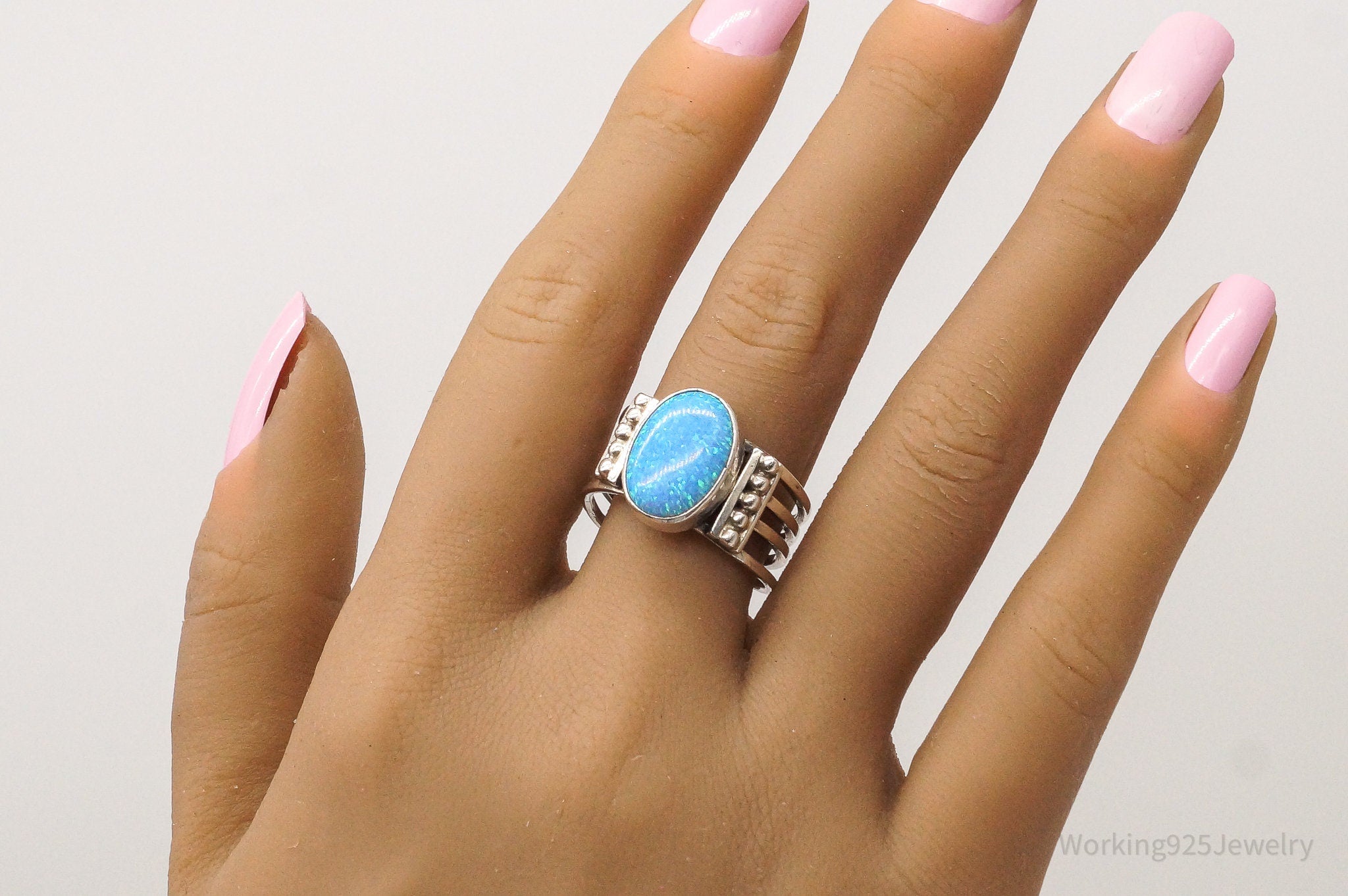 Vintage Blue Opal Silver Ring - Size 9