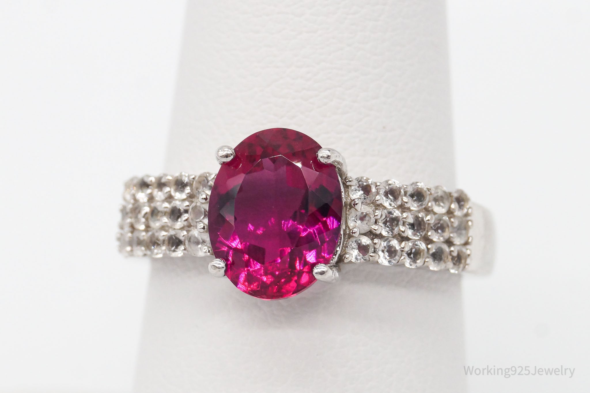 Vintage Designer Pink Tourmaline White Topaz Sterling Silver Ring - Size 7.75