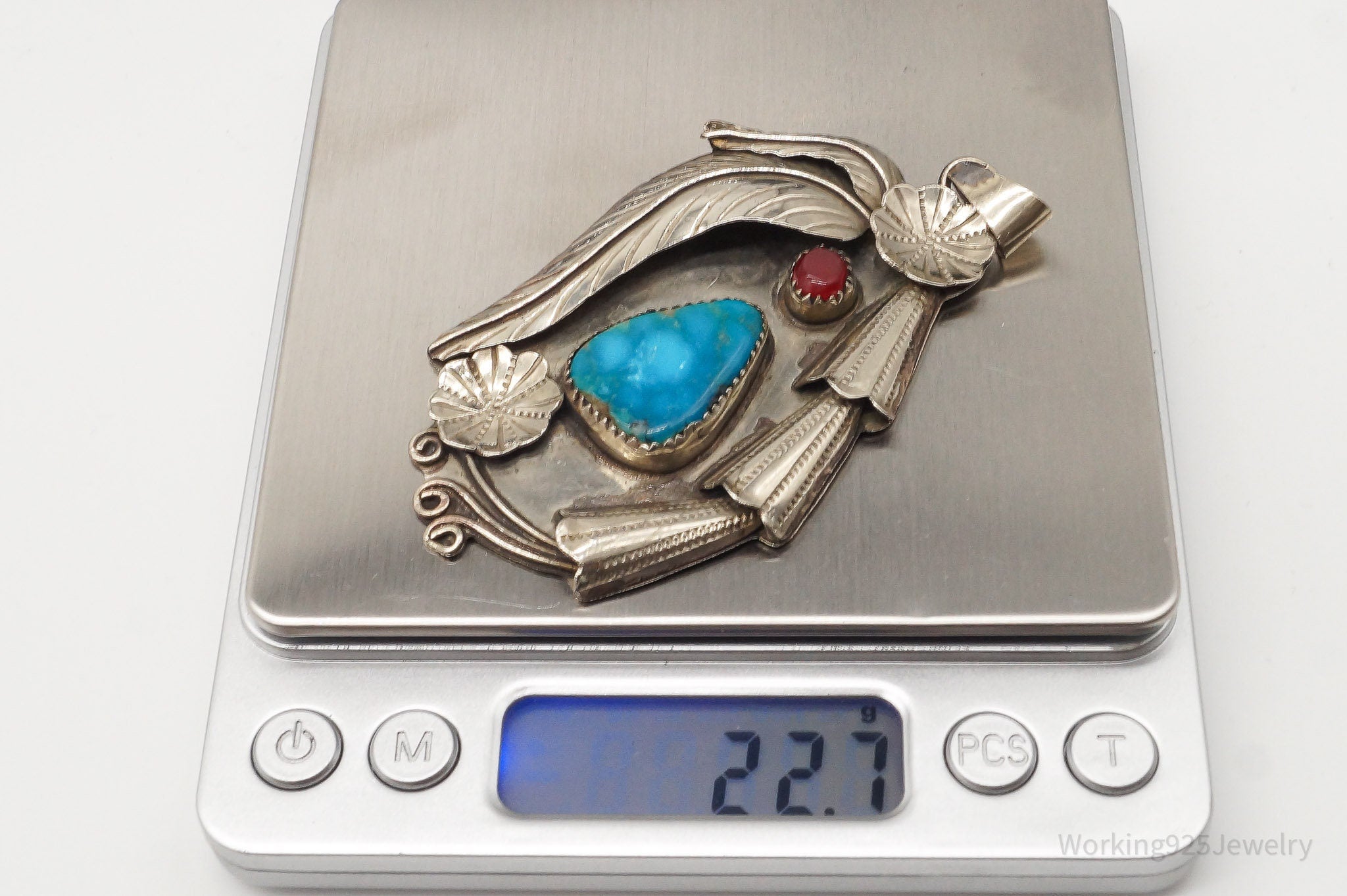 Large Vintage Native American Turquoise Carnelian Sterling Silver Pendant